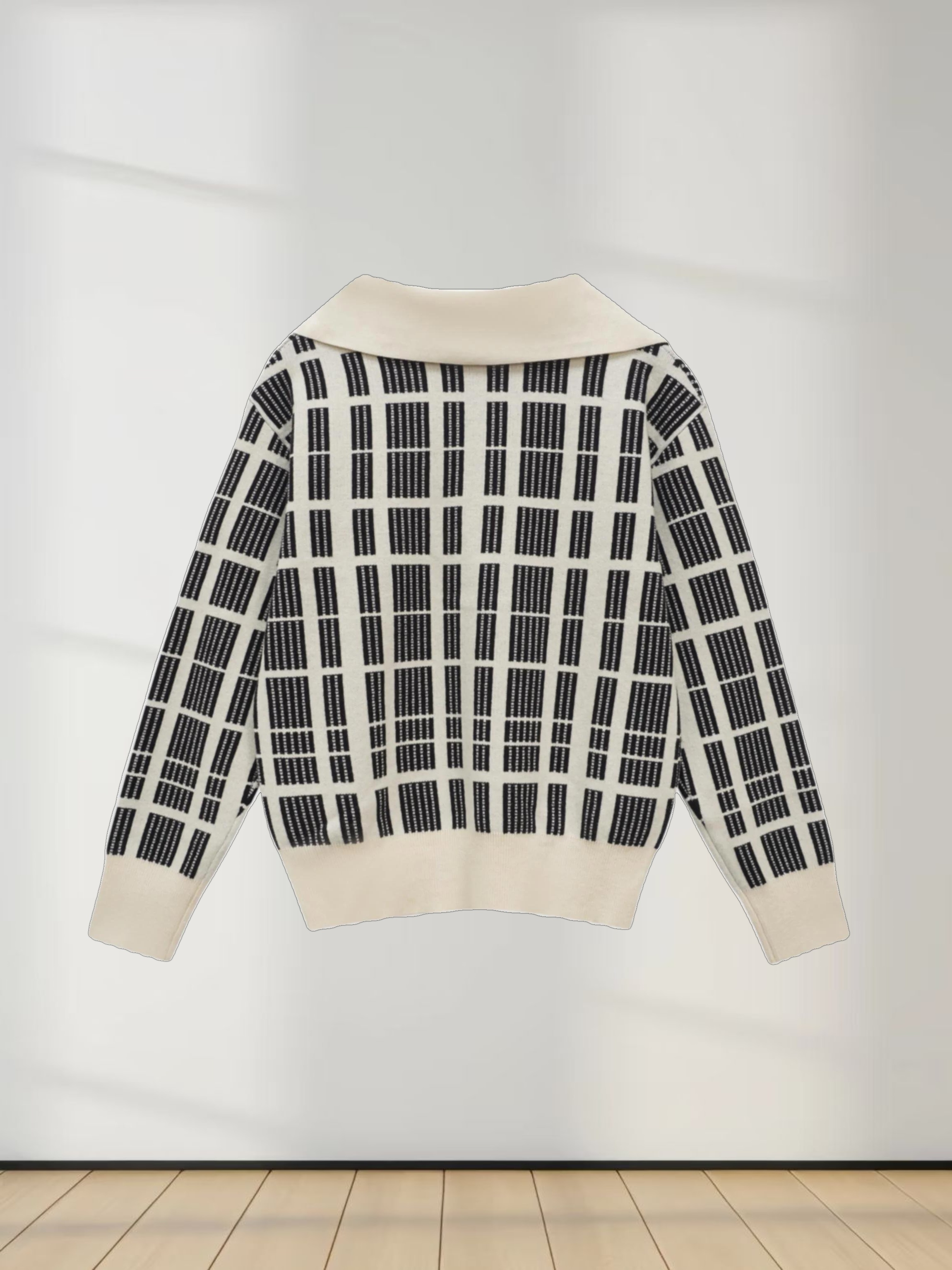 Half Zip Shawl Collar Sweater-Cream/Black