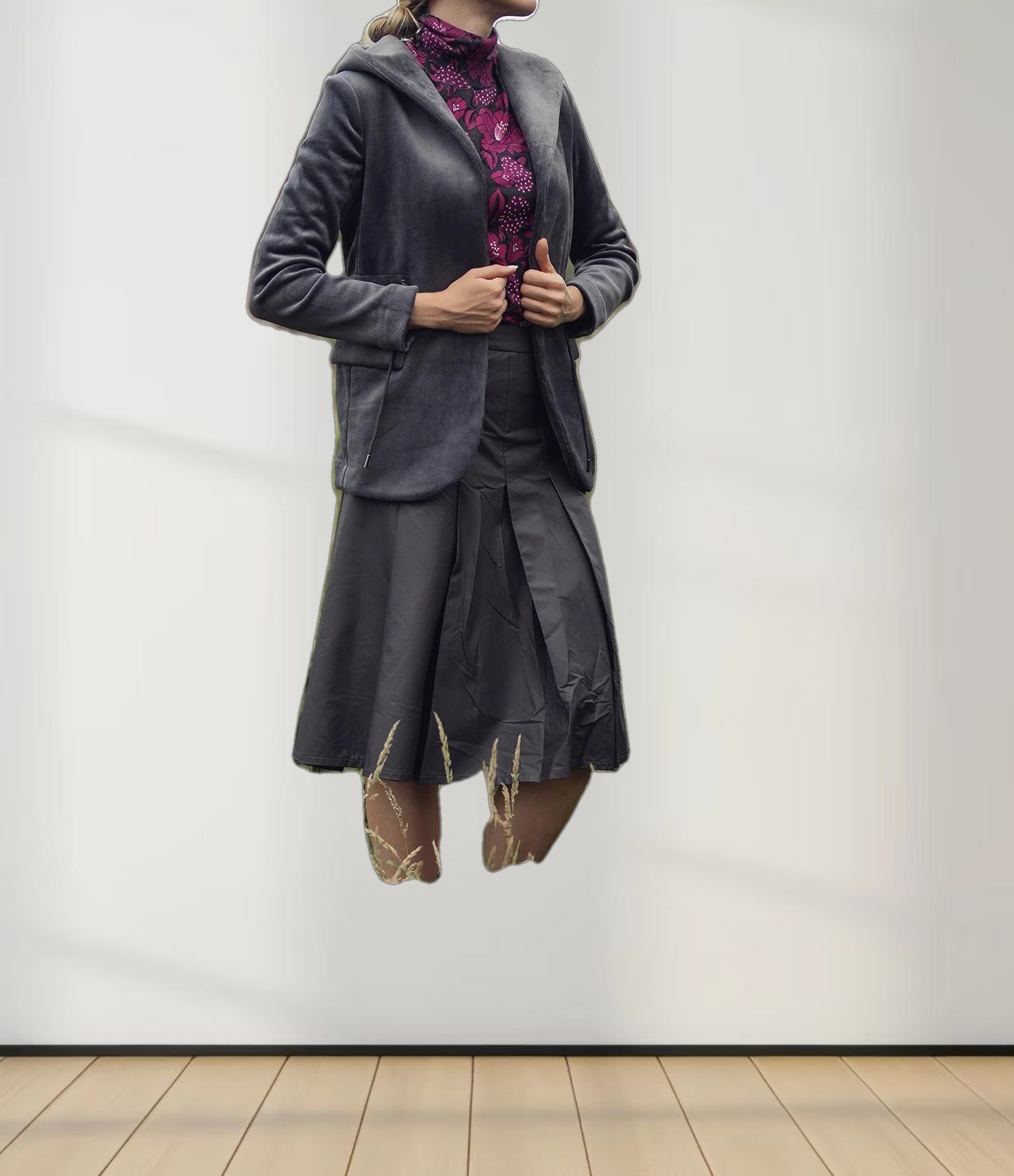 Thin Knit Turtleneck Sweater-Grey Pink Floral