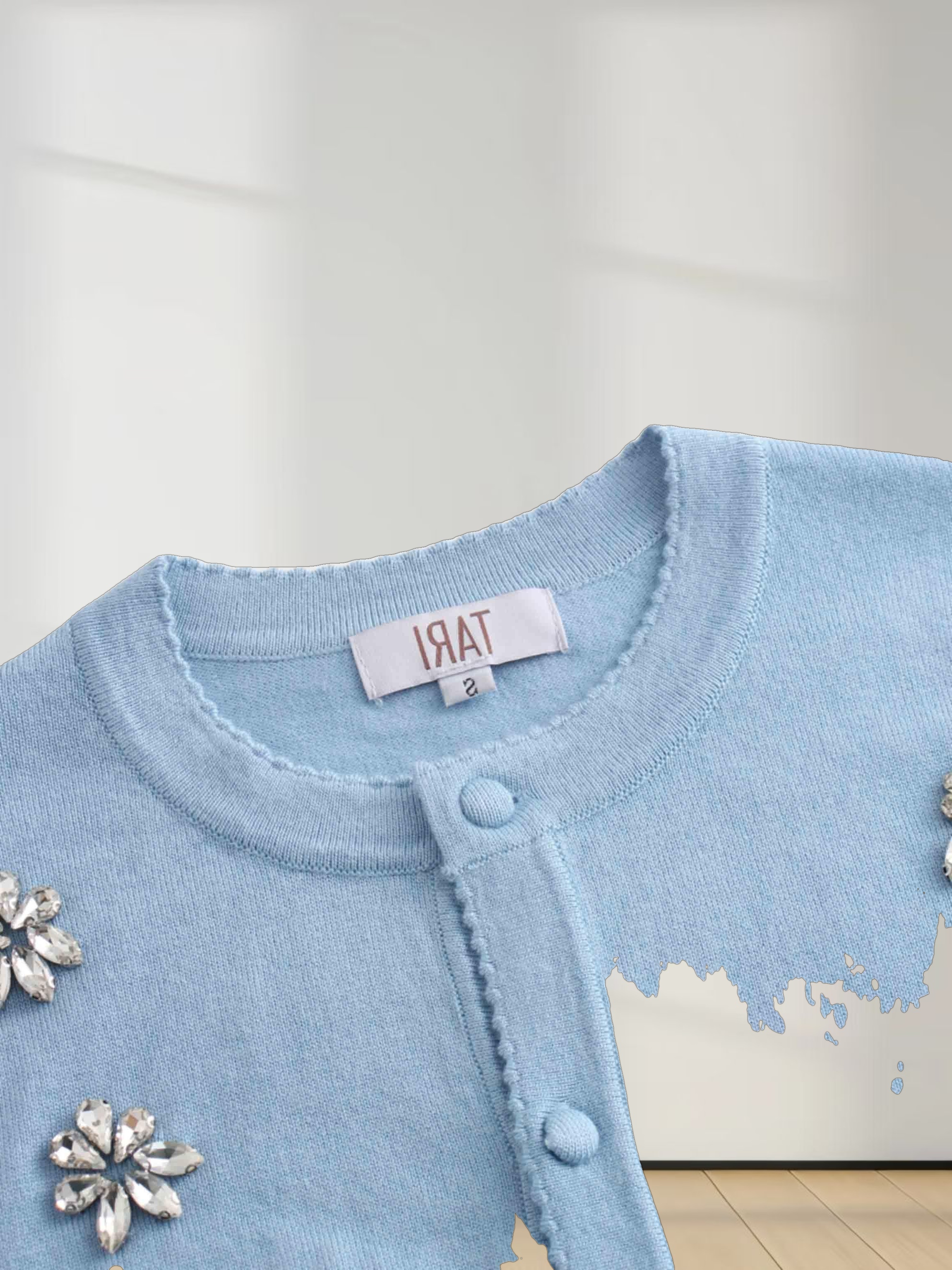 Embellished Cluster Crop Cardigan-Light Blue