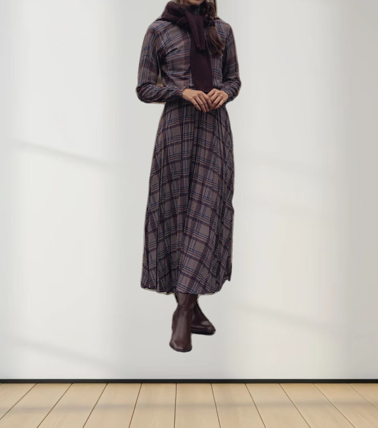 Thin Knit Turtleneck Sweater-Brown/Blue Plaid