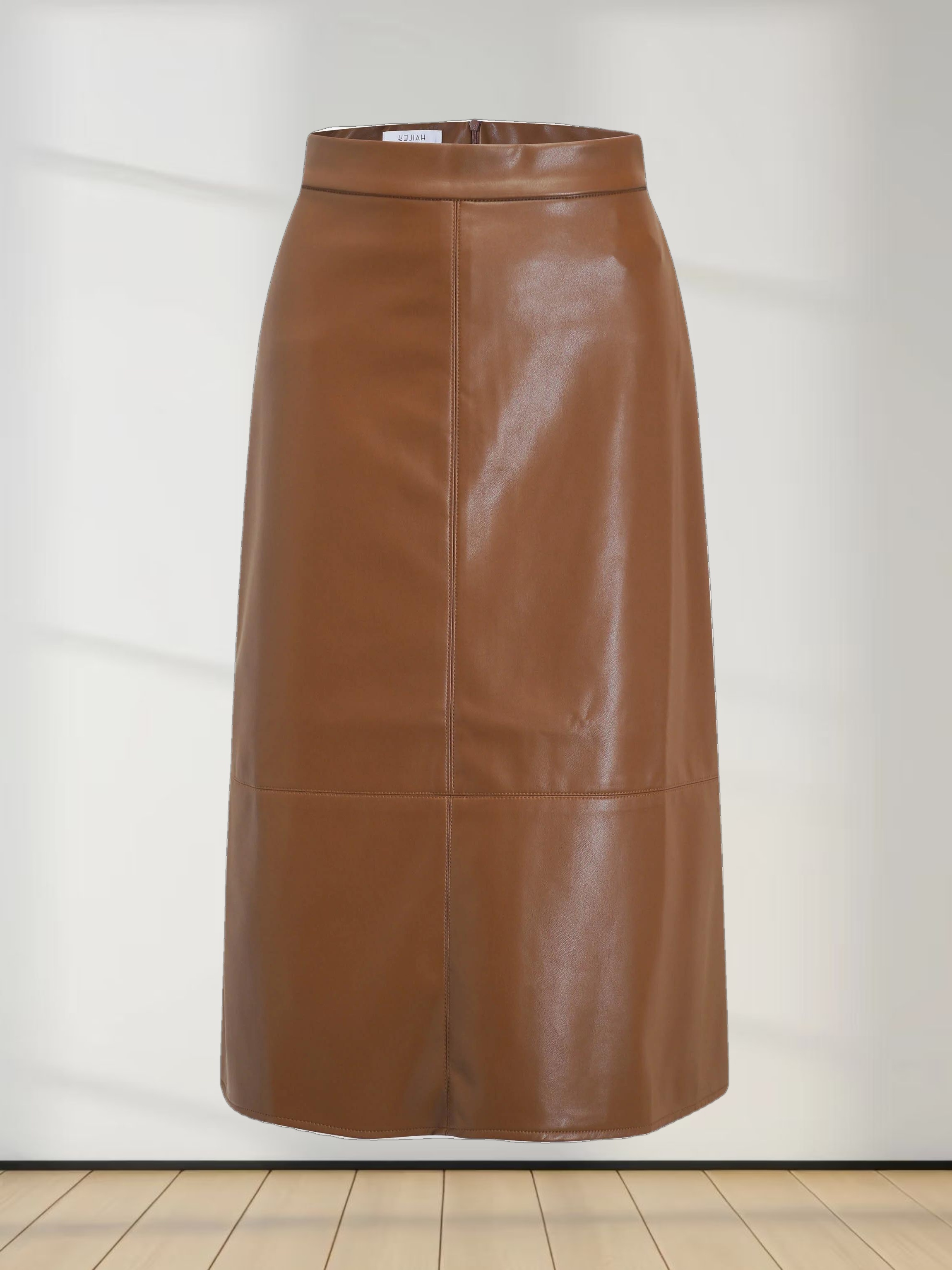Short A-Line Seamed Faux Leather Skirt-Brown