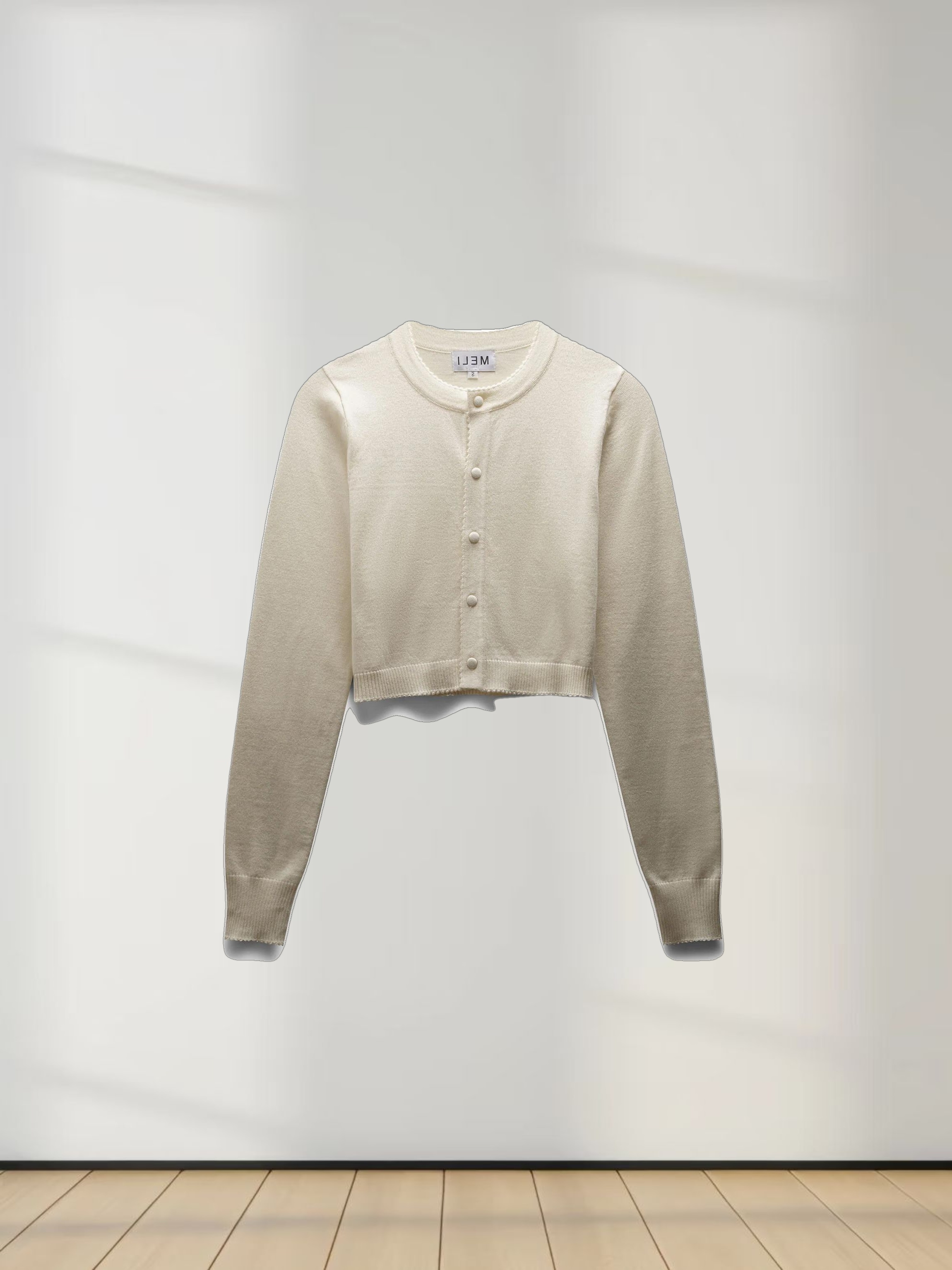 Trim Detail Crew Crop Cardigan-Cream