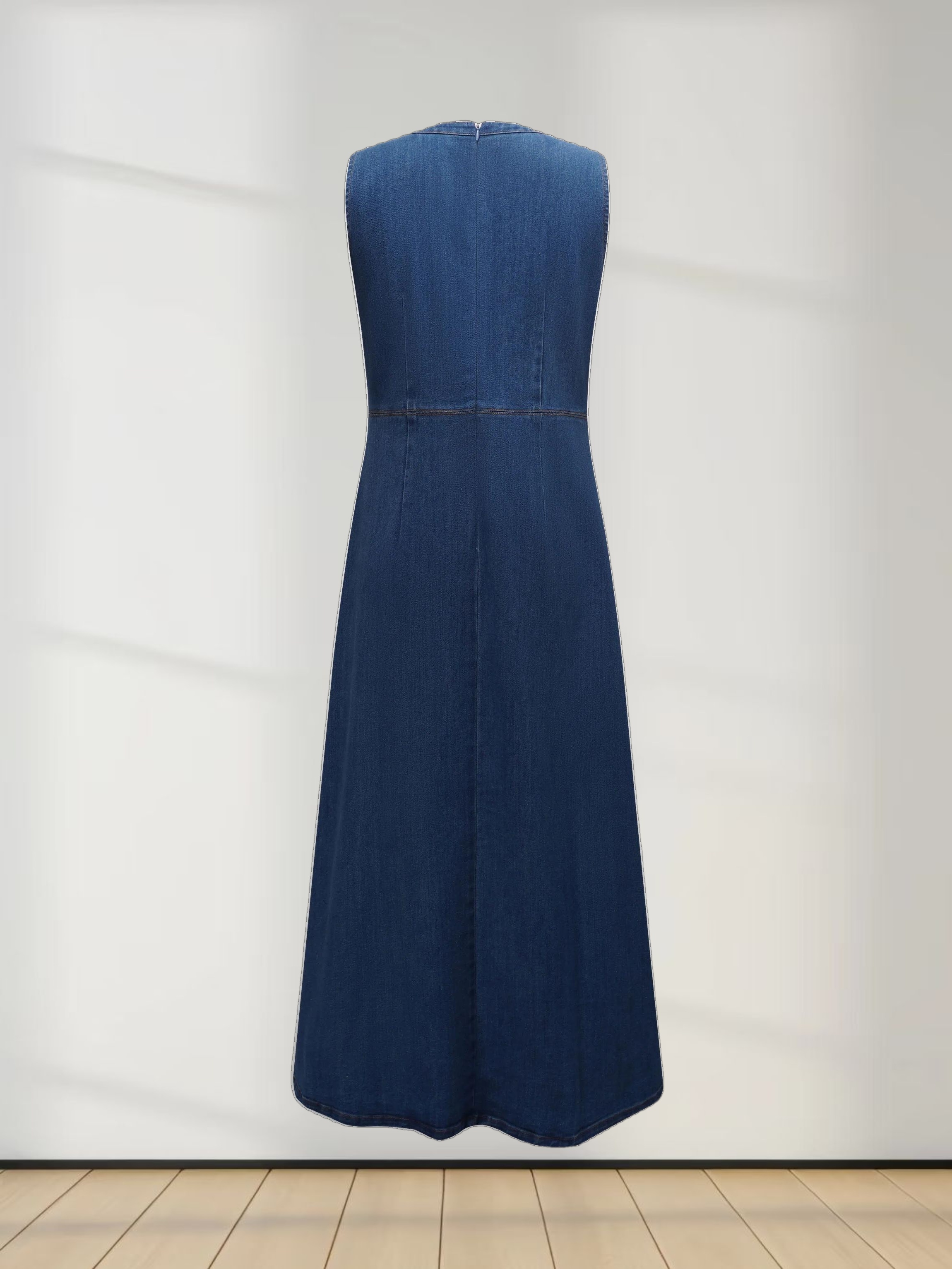 High Waisted V Neck Denim Jumper-Blue