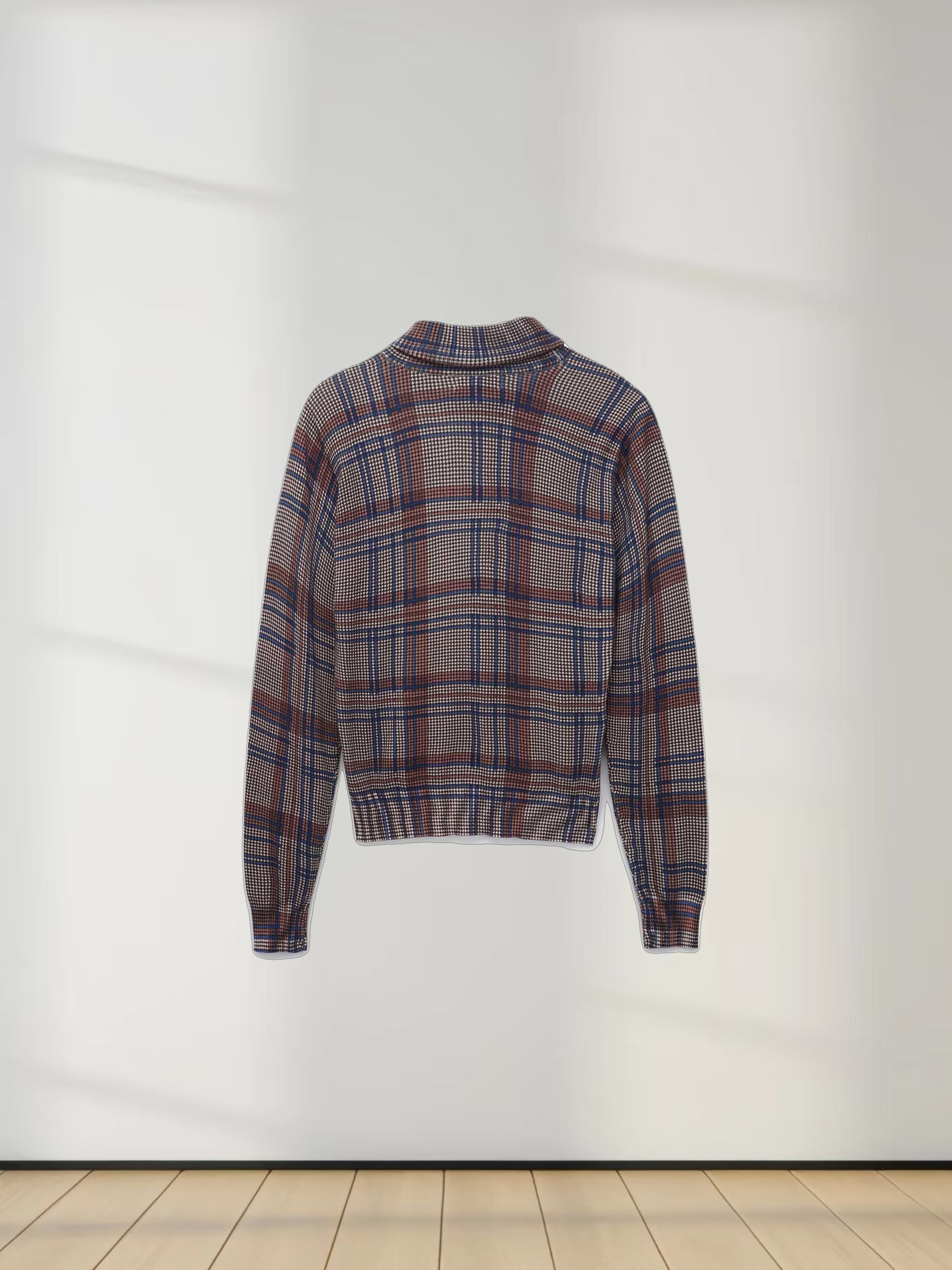 Thin Knit Turtleneck Sweater-Brown/Blue Plaid