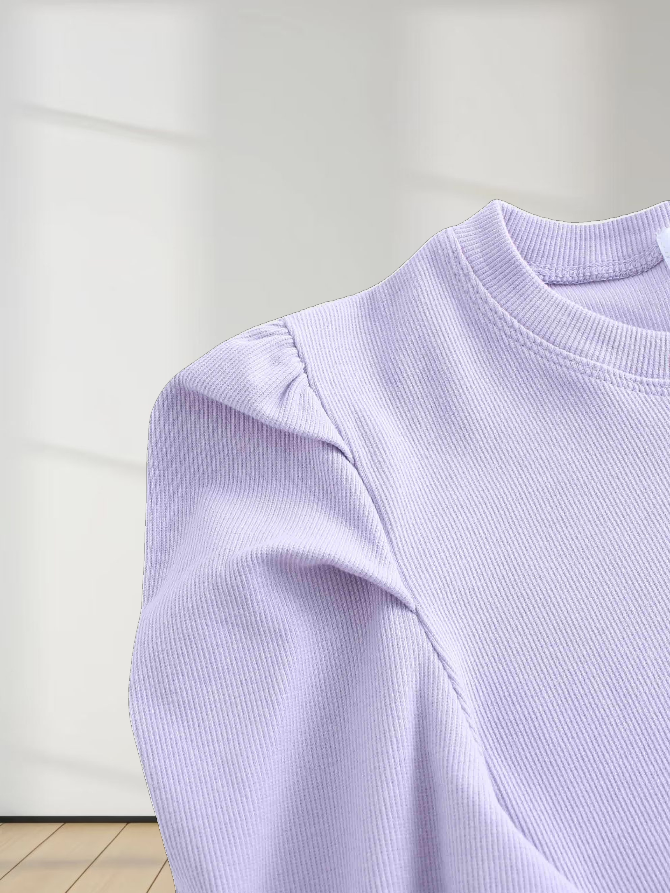 Ribbed Crew Neck Puff Sleeve Top-Lavender