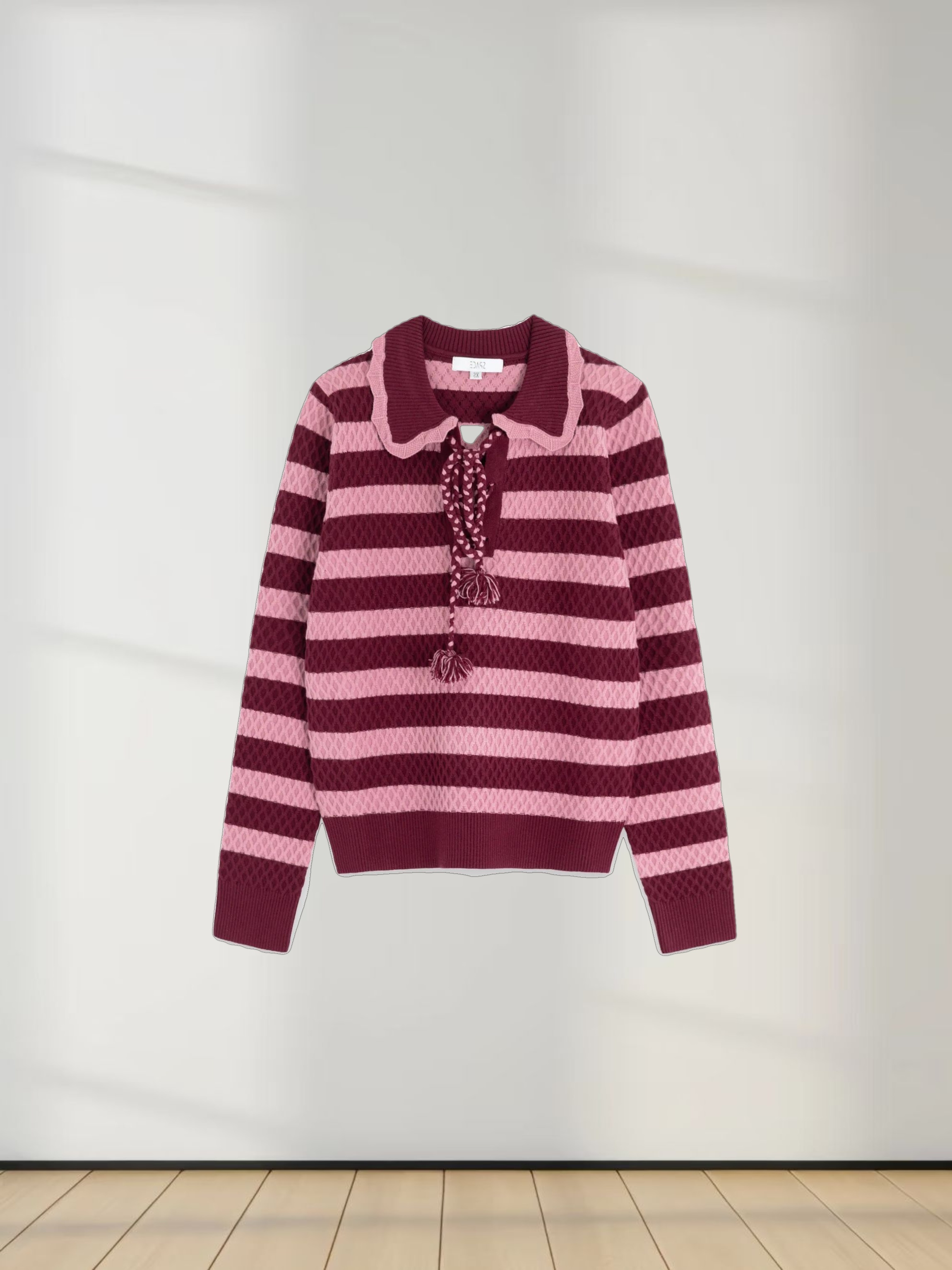 Laced Ruffle Collar Striped Sweater-Burgundy/Pink