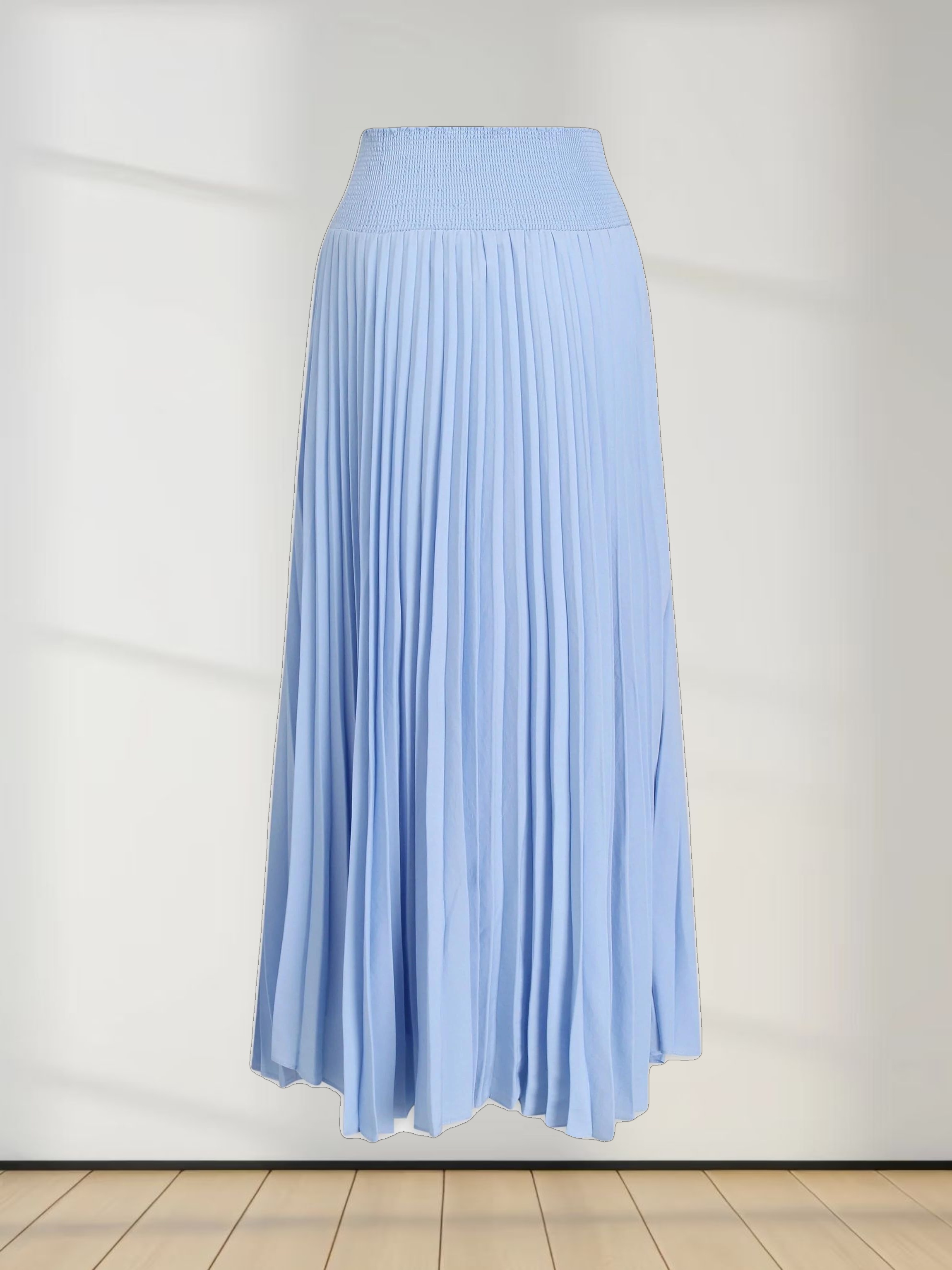 SHIRRED WAIST PLEATED SKIRT (LONG)-LIGHT BLUE