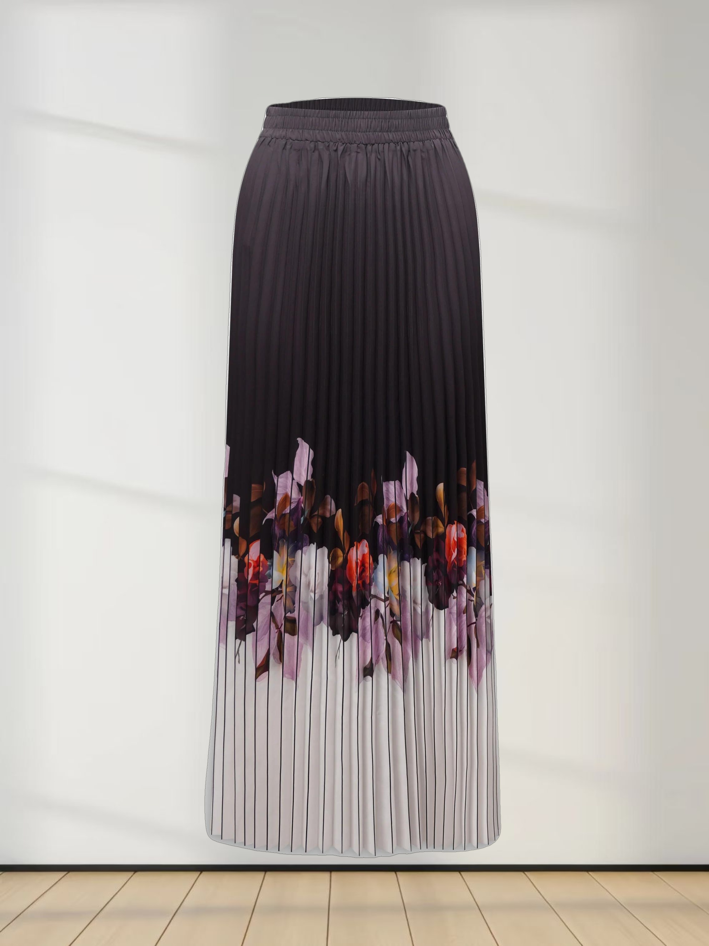 Elastic Waist Printed Pleated Skirt-Floral Border