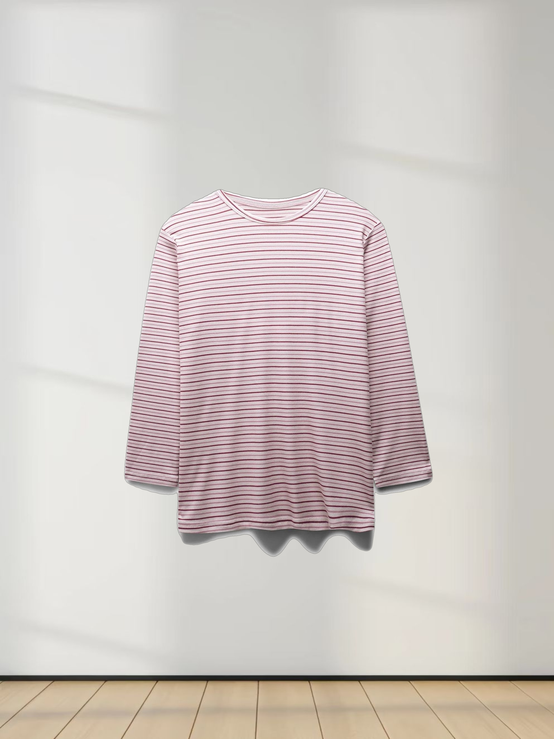 Ribbed Striped Crew 3/4 Sleeve-Pink/Raspberry
