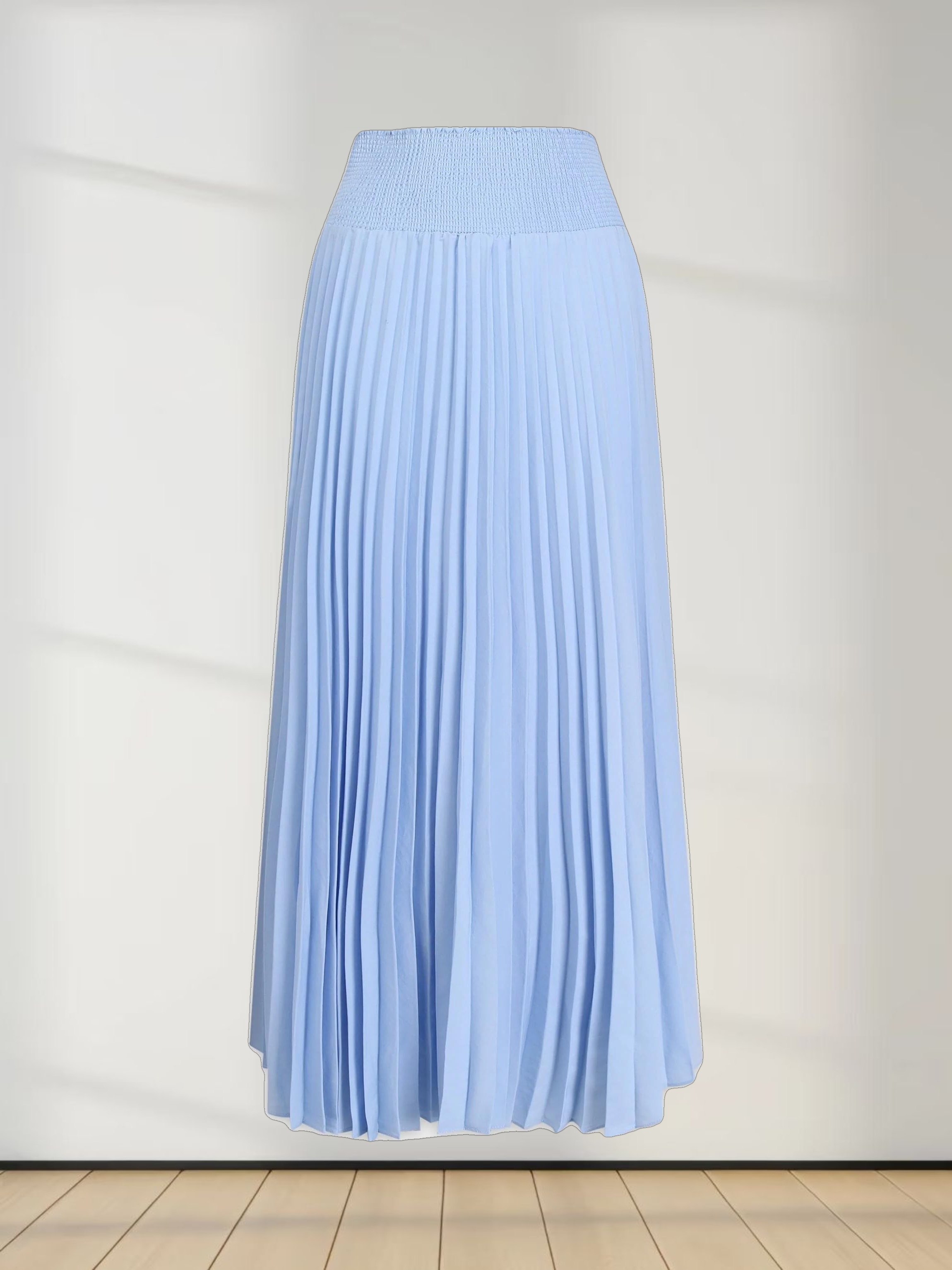 SHIRRED WAIST PLEATED SKIRT (LONG)-LIGHT BLUE