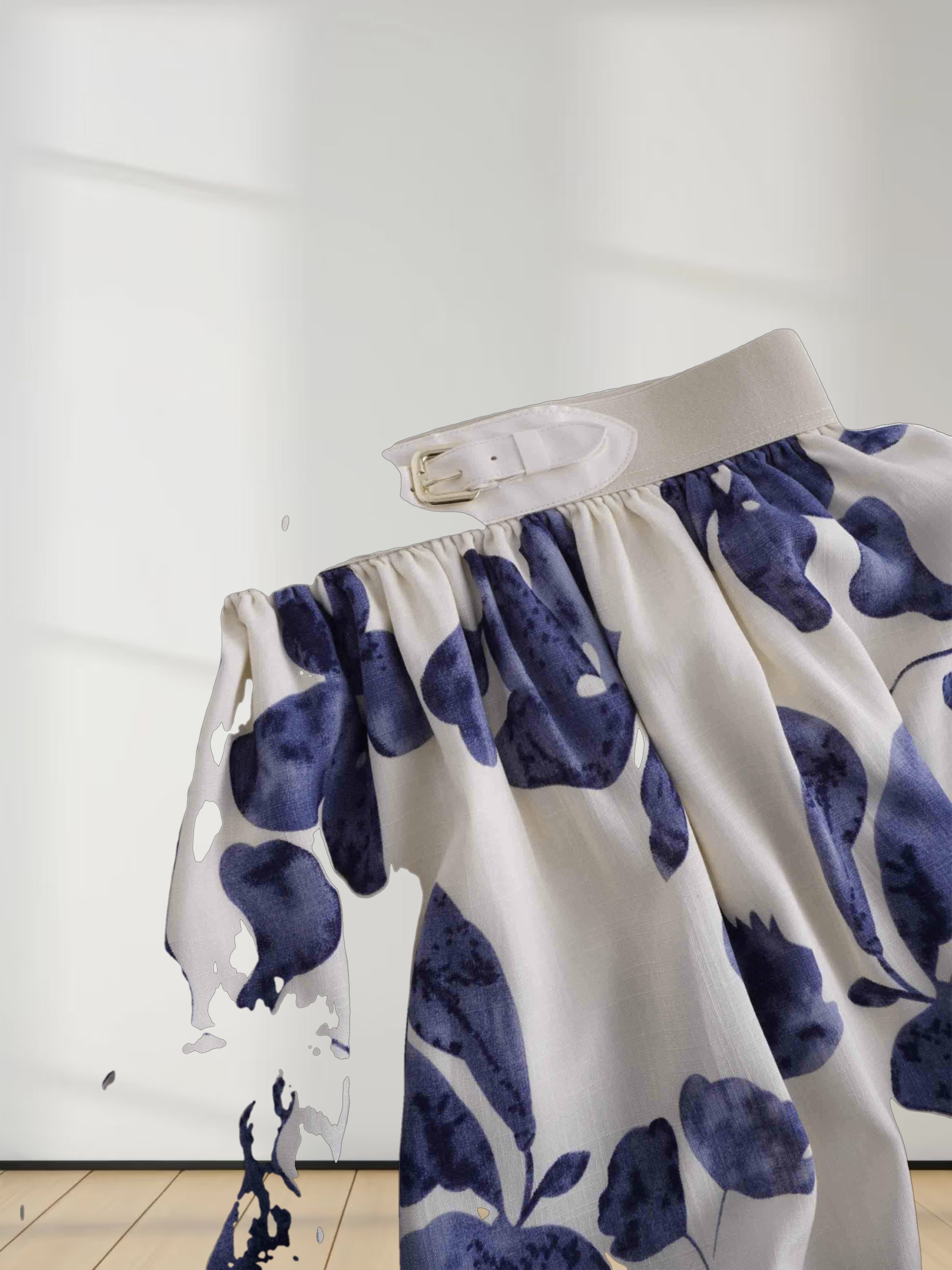 Leather Buckle Skirt-Blue Floral