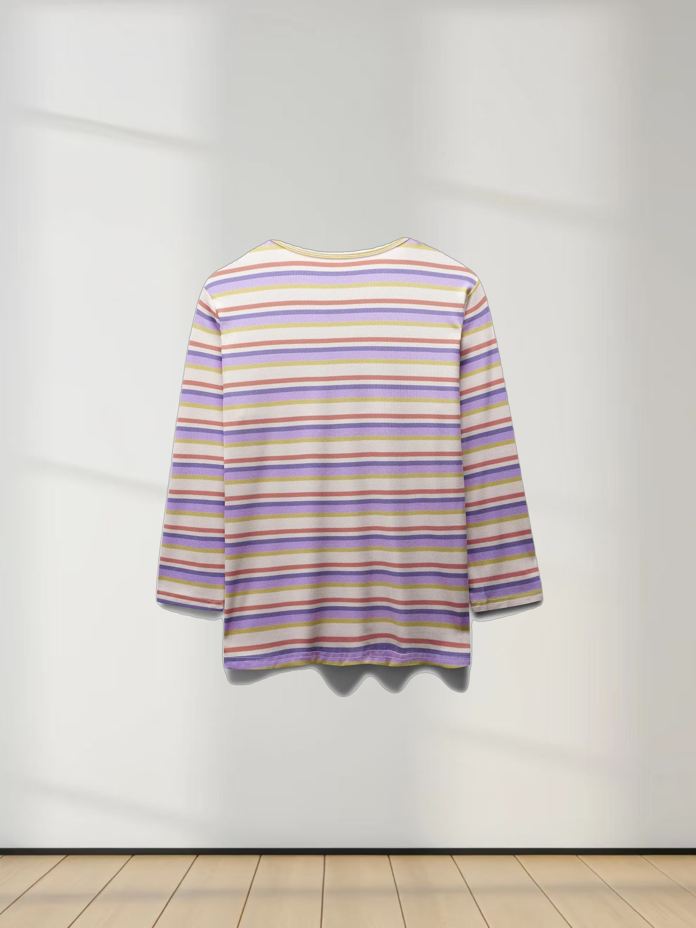 Ribbed Striped Crew 3/4 Sleeve-Orange/Purple