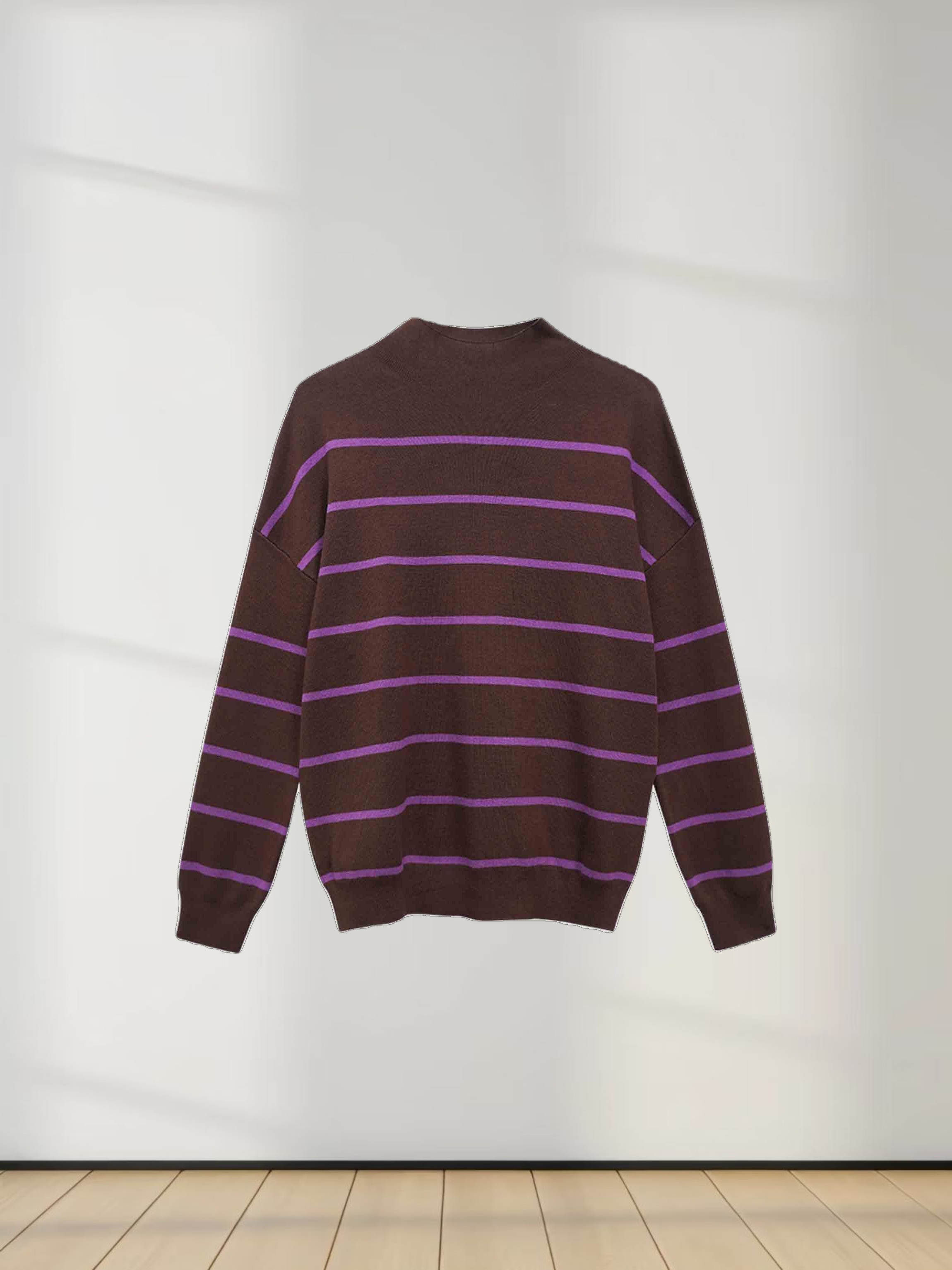 Mock Neck Thin Knit Sweater-Brown/Purple