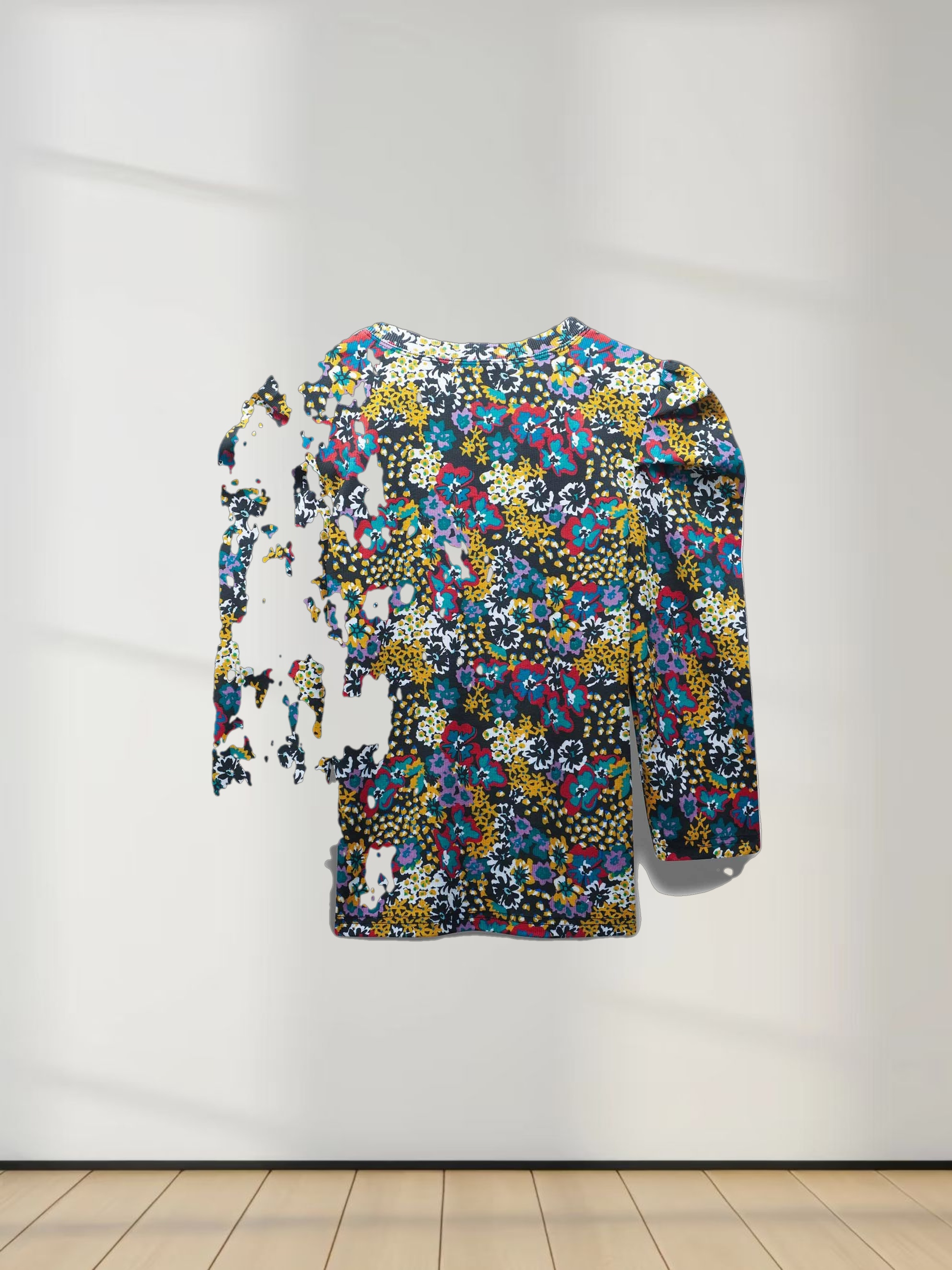 Ribbed Crew Neck Puff Sleeve Top-Colored Floral