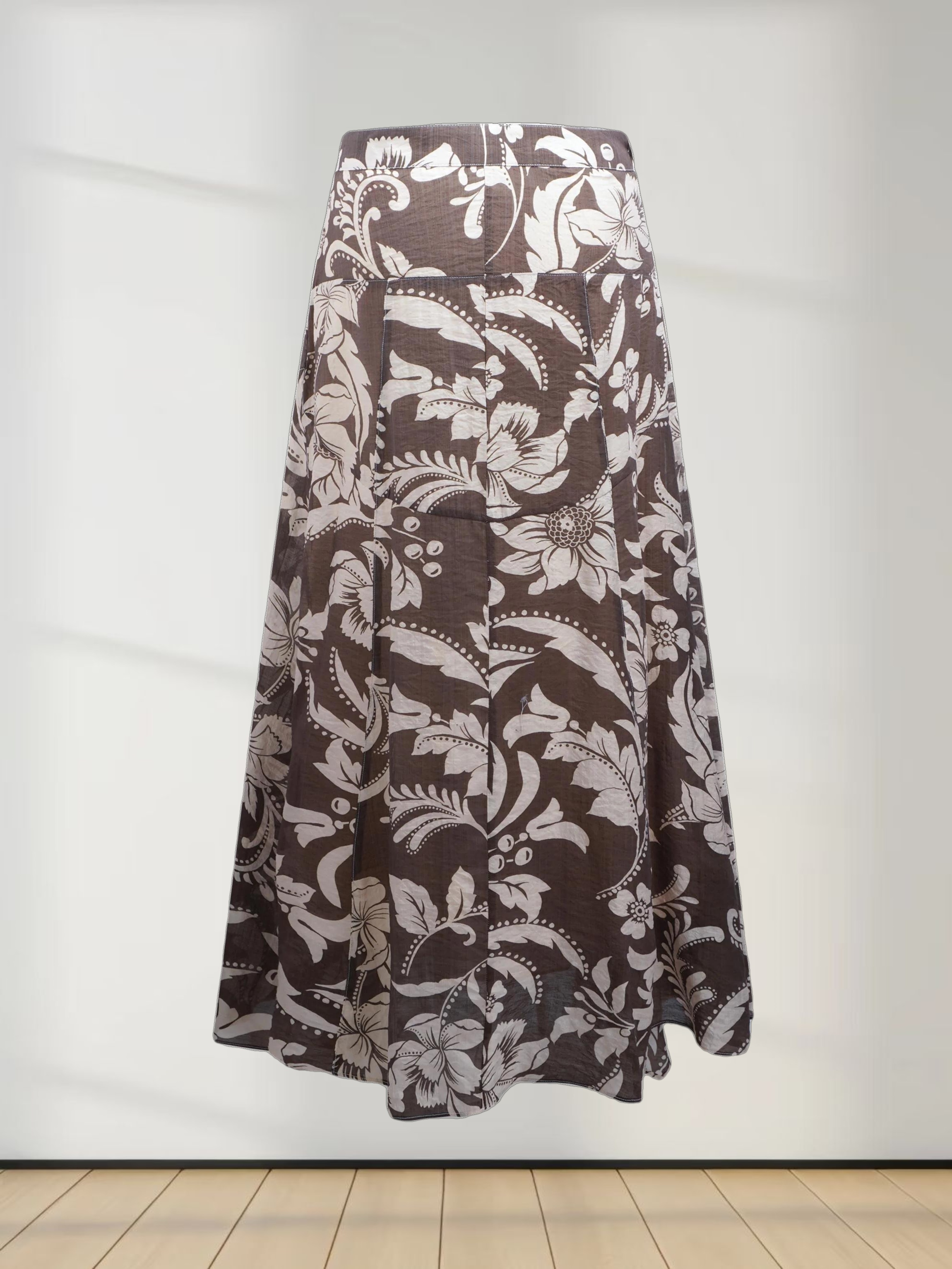 Asymmetrical Hem Ruffle Skirt-Brown Floral