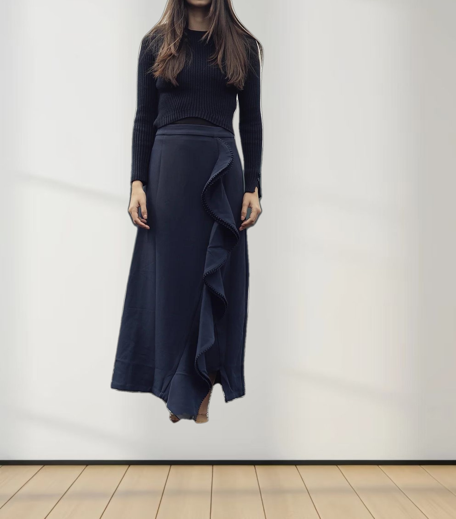 Side Ruffle Skirt-Navy