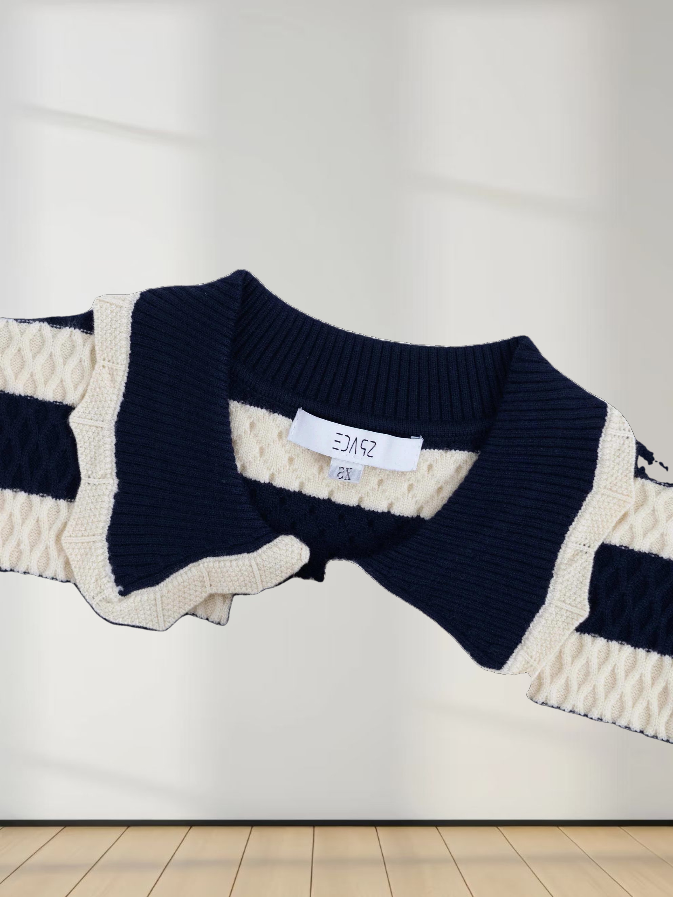 Laced Ruffle Collar Striped Sweater-Navy/Cream