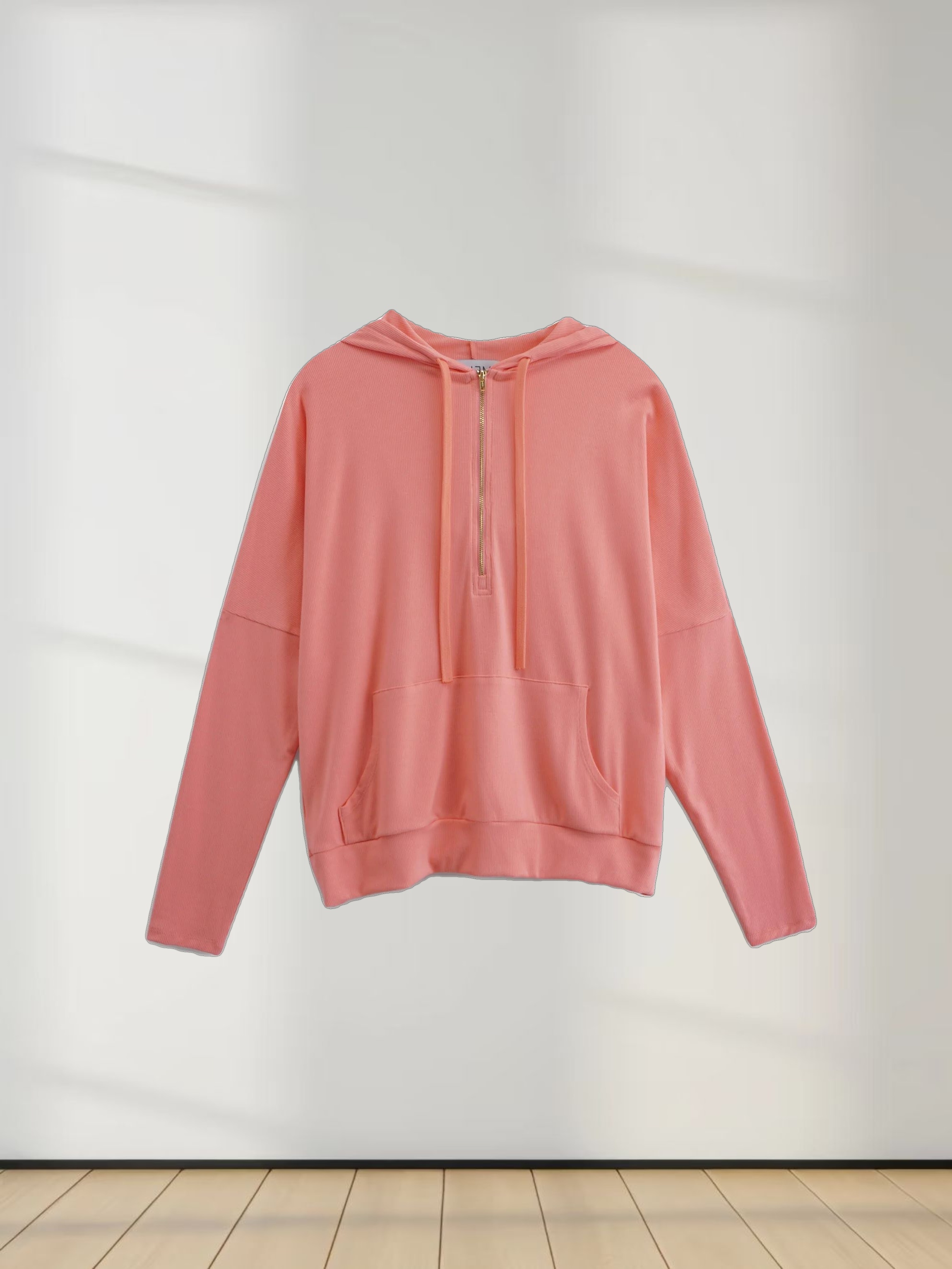 Ribbed Half Zip Hoodie Tee-Coral Pink