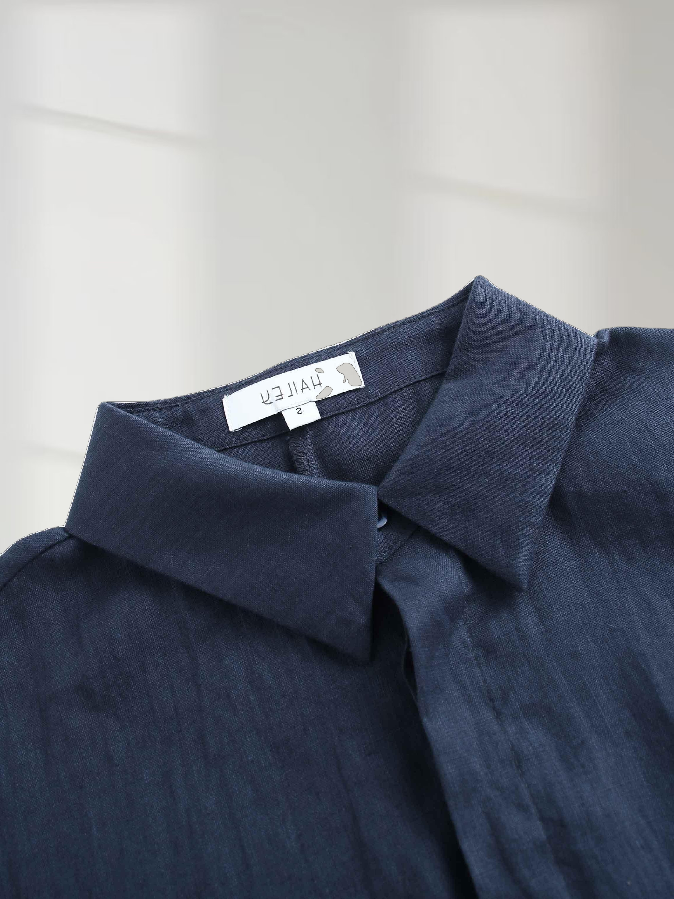 Drawstring Button Down Linen Top-Navy