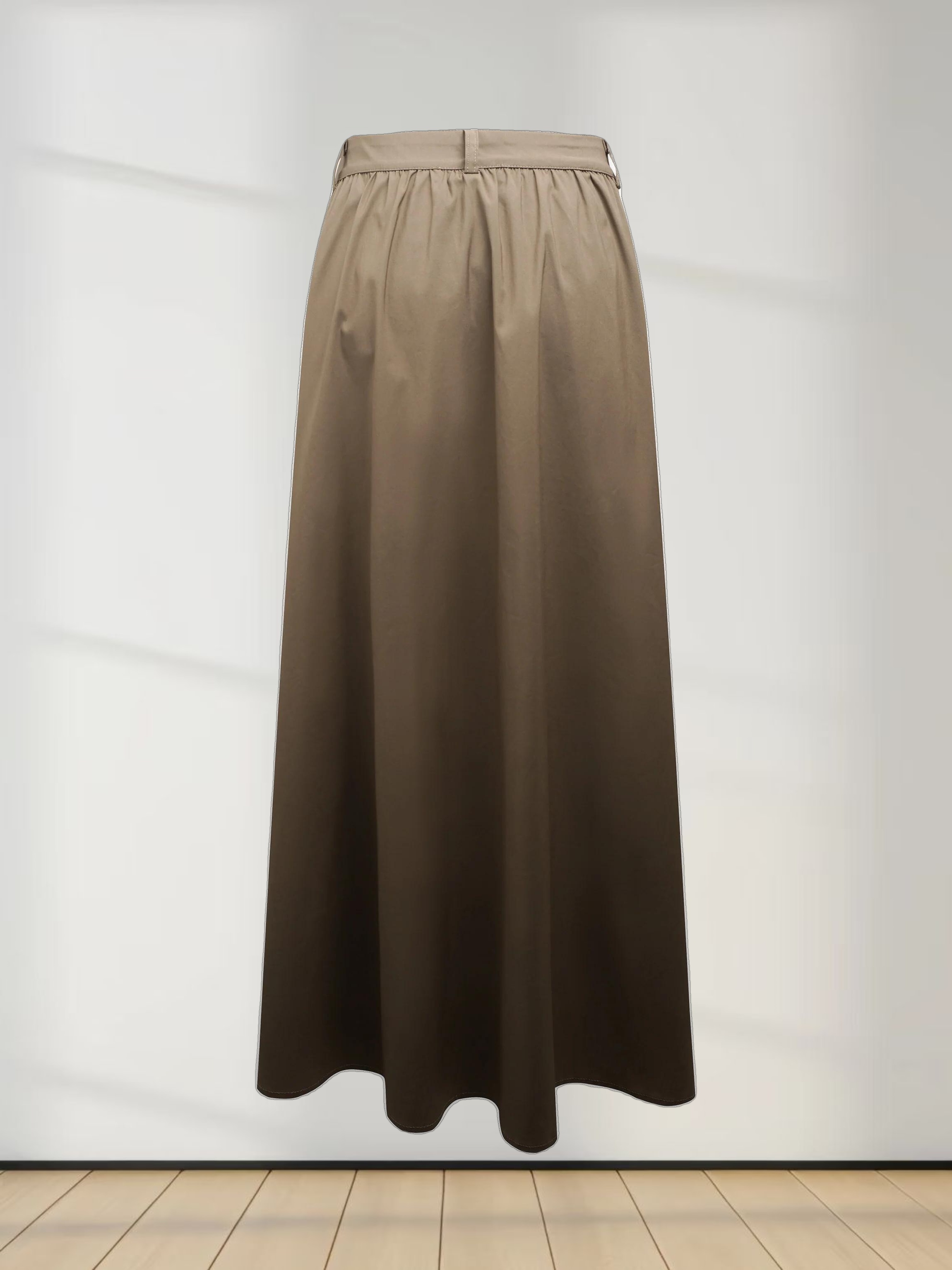 Button Down Cotton Blend Skirt-Brown
