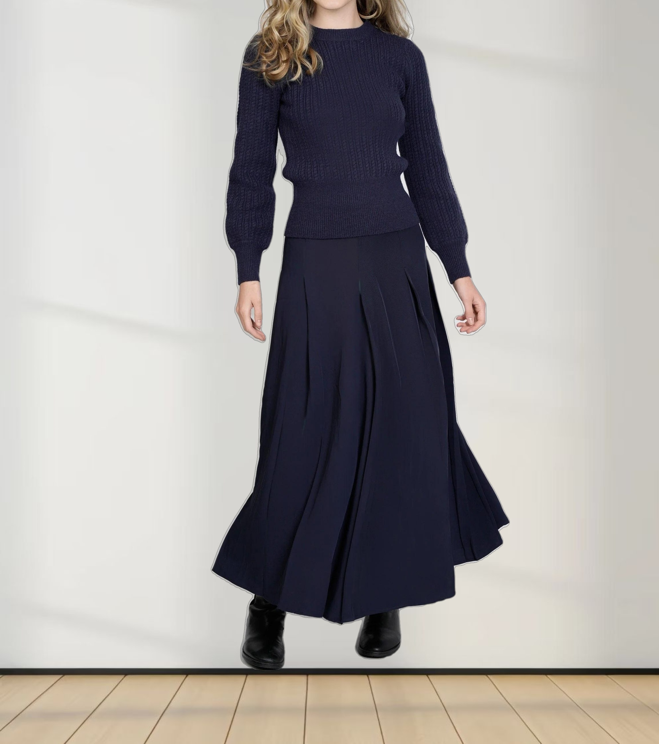 STITCHED DOWN PLEATED SKIRT-(LONG)-NAVY