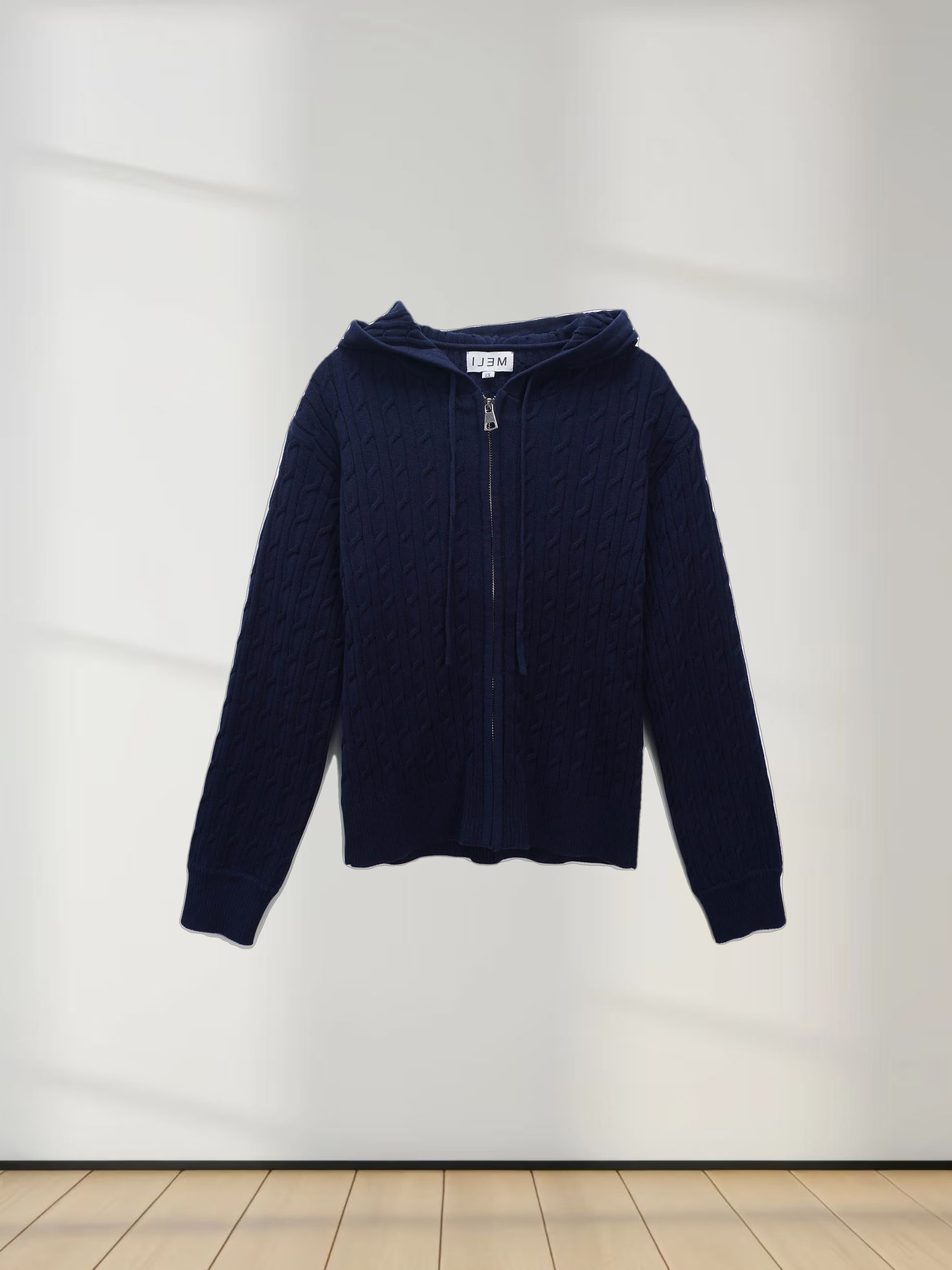 Zip Up Cable Hoodie-Navy
