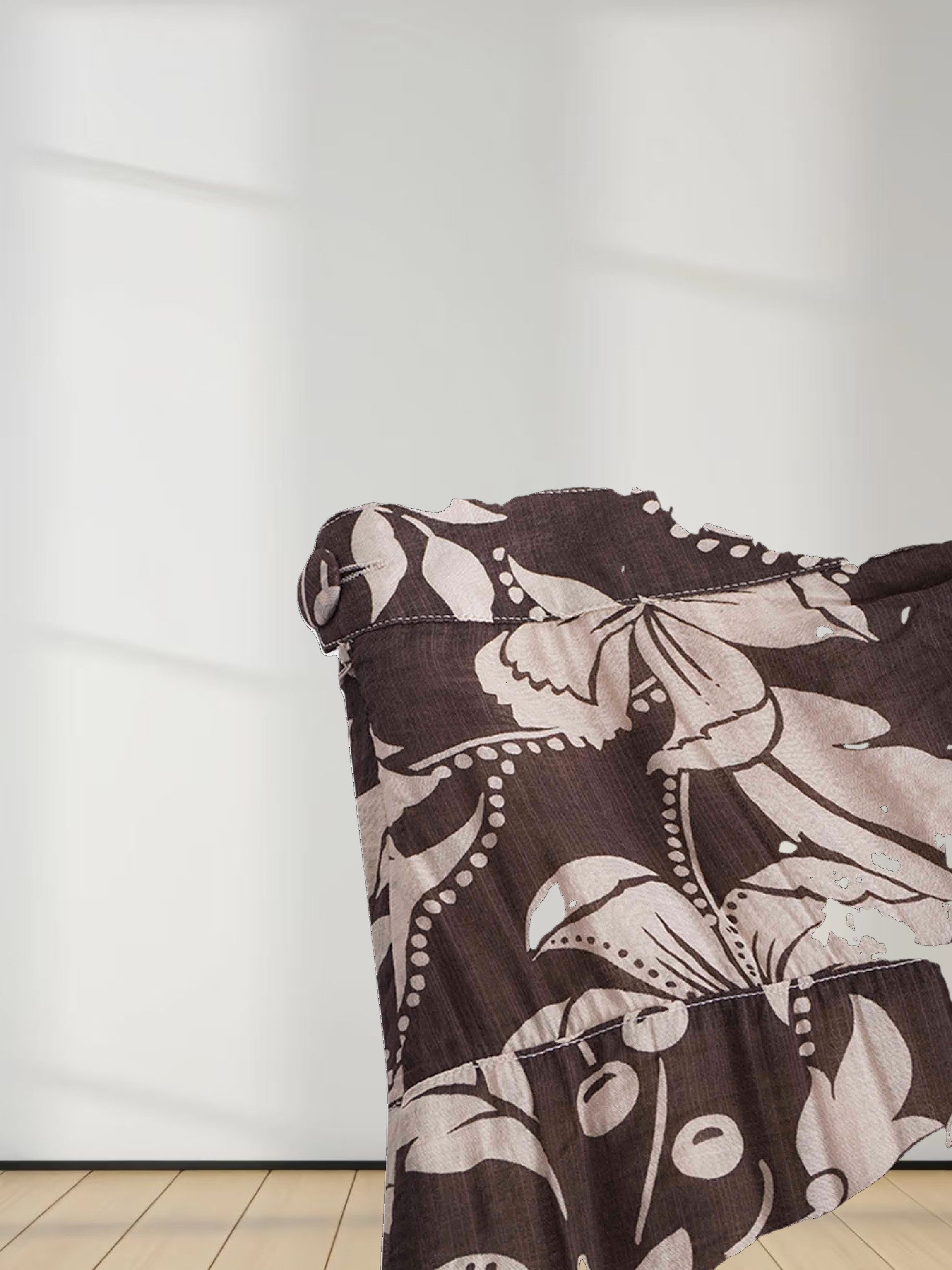 Asymmetrical Hem Ruffle Skirt-Brown Floral