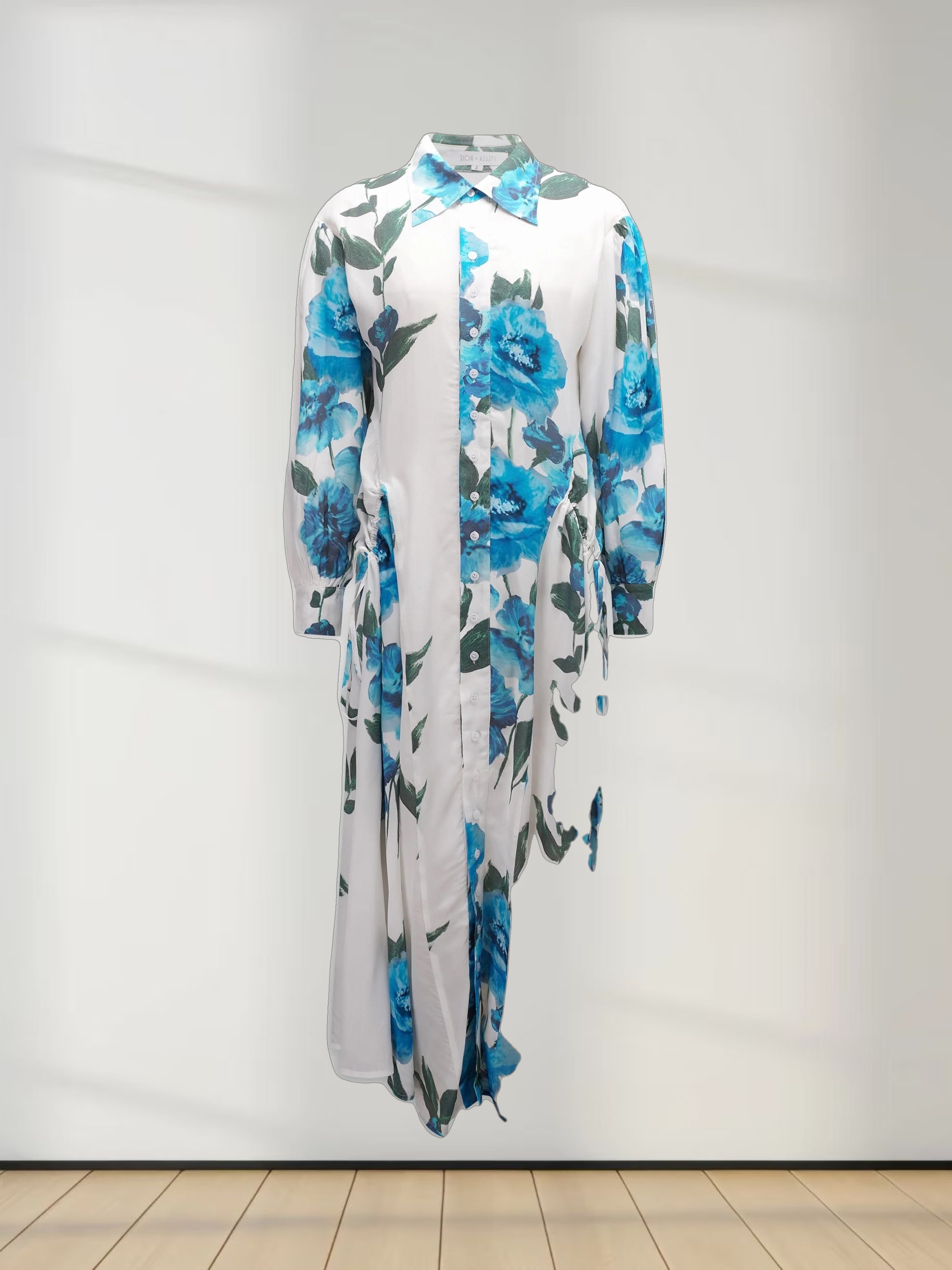 Printed Shirred Pocket Dress-Blue Floral