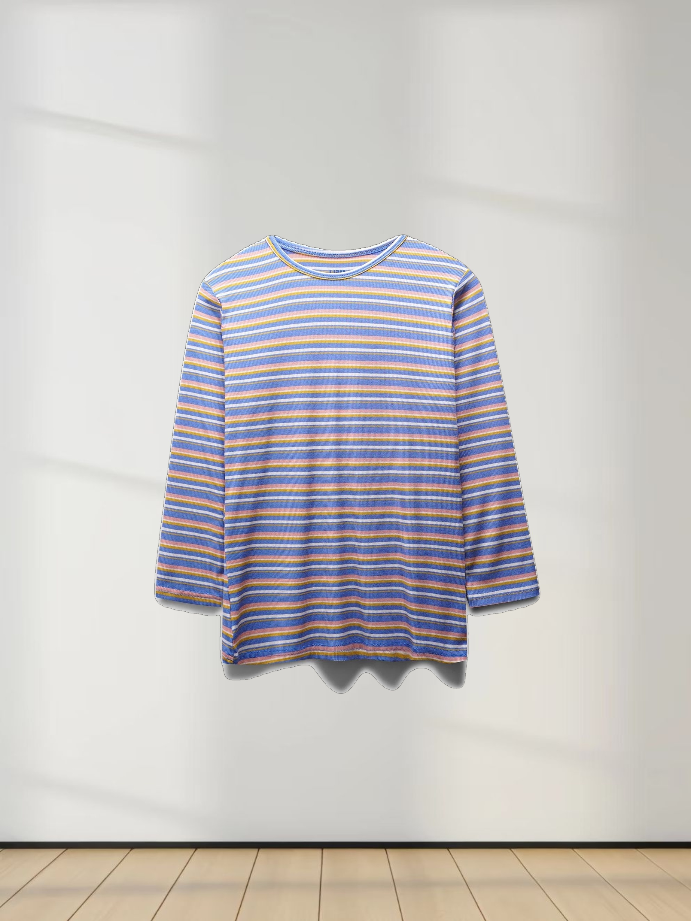 Ribbed Striped Crew 3/4 Sleeve-Light Blue/Pink