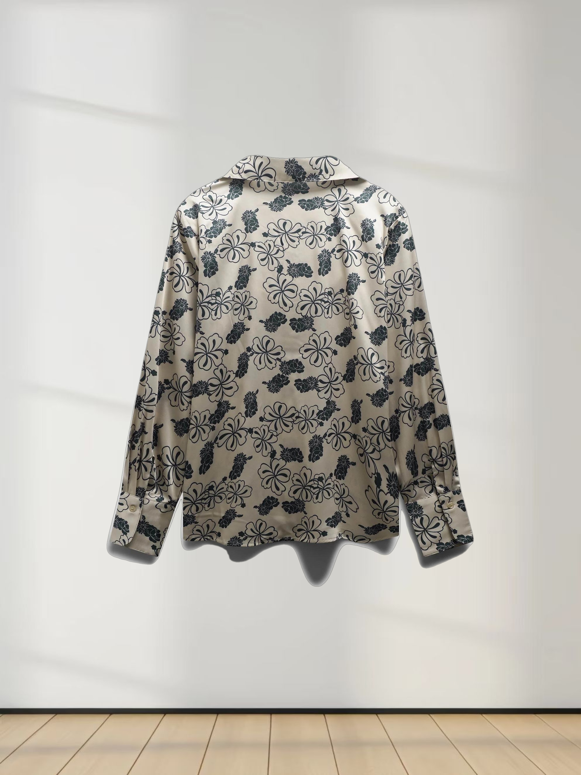 Oversized Faux Satin Blouse-Navy/Taupe Floral