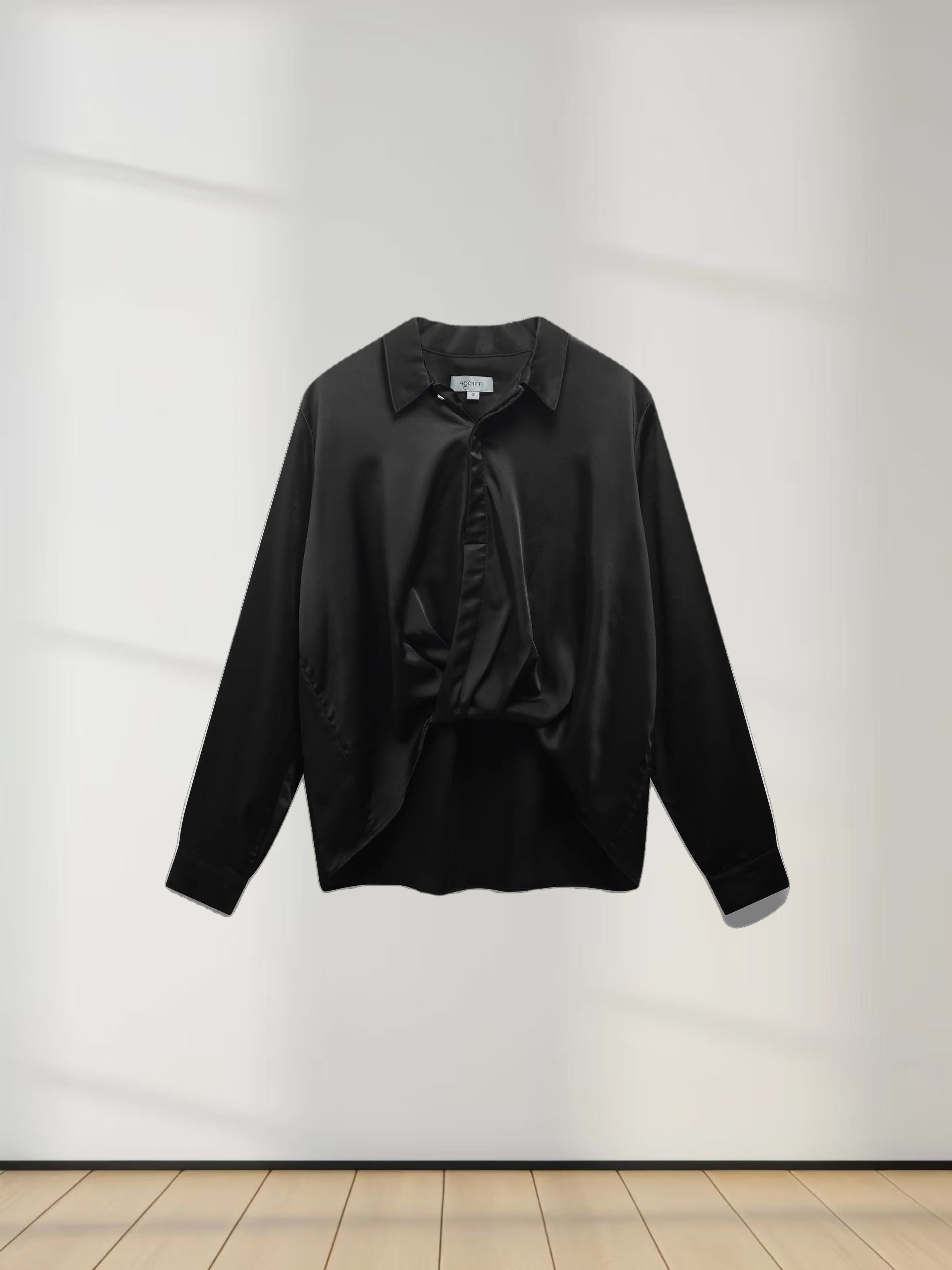 High/Low Faux Satin Crossover Top-Black