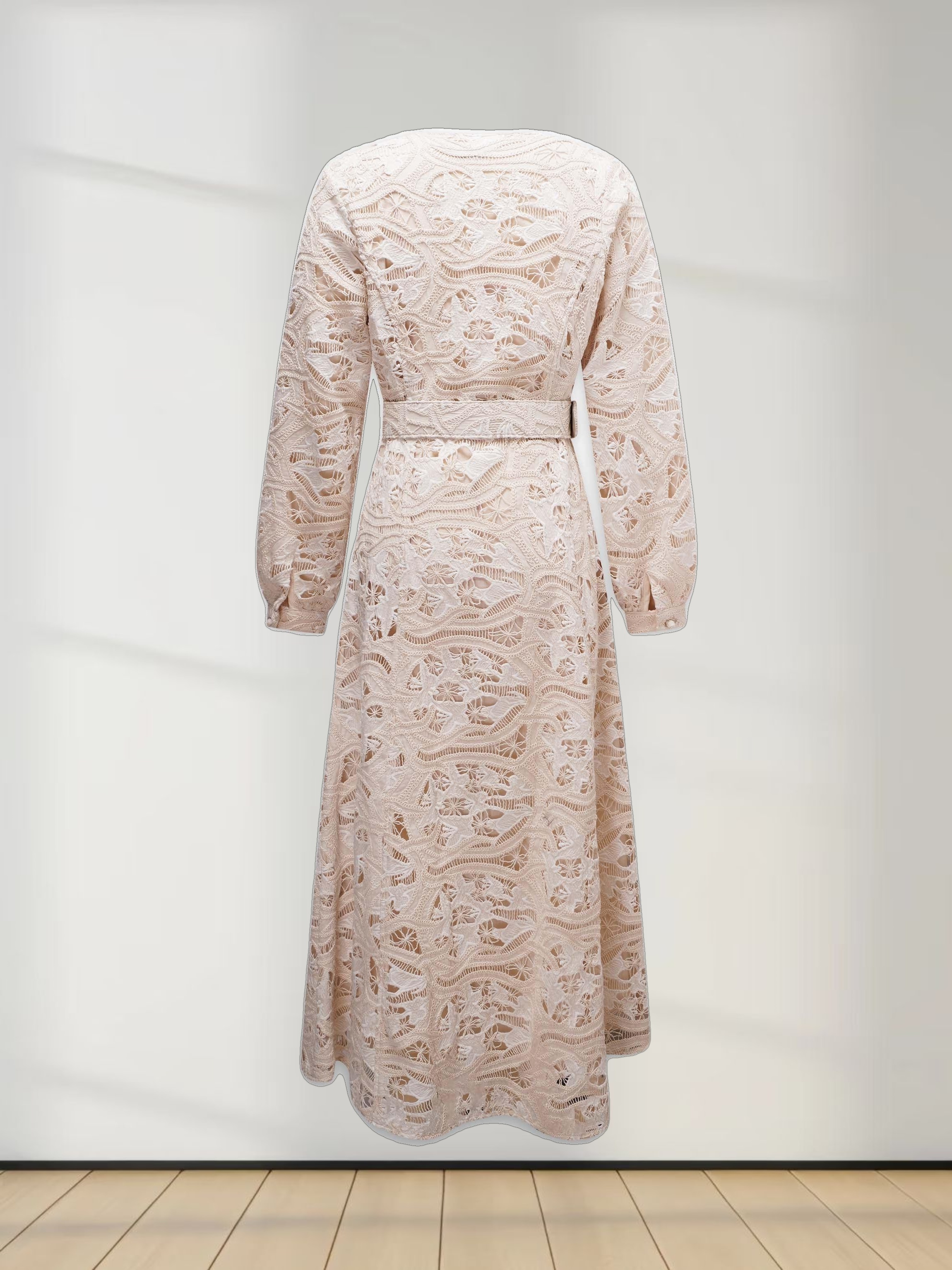 Lace Cutout Princess Style Belted Dress-Cream