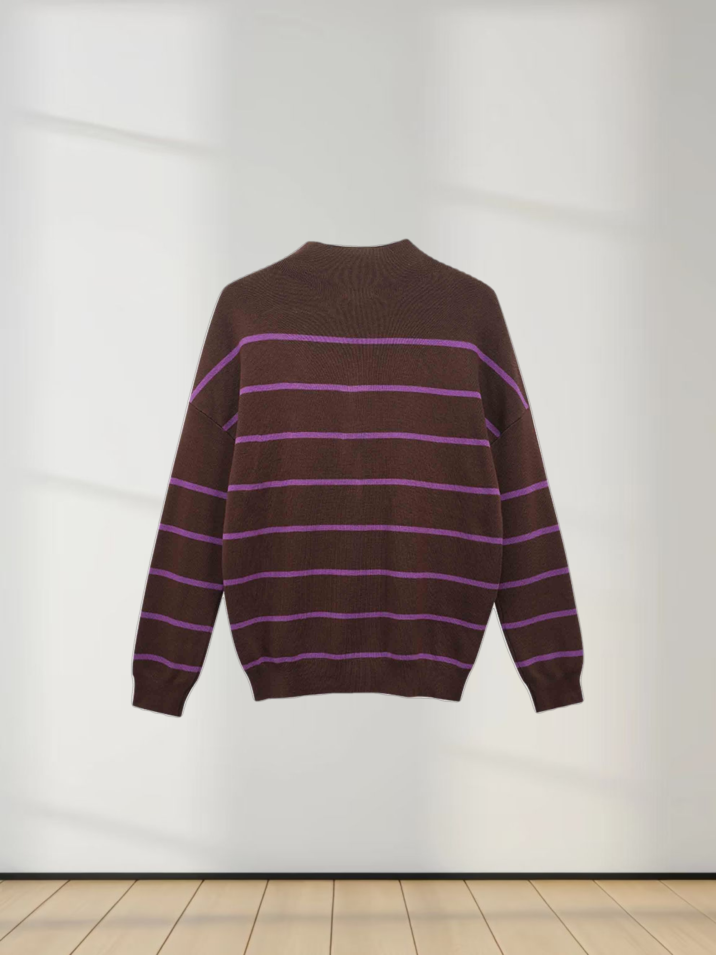 Mock Neck Thin Knit Sweater-Brown/Purple
