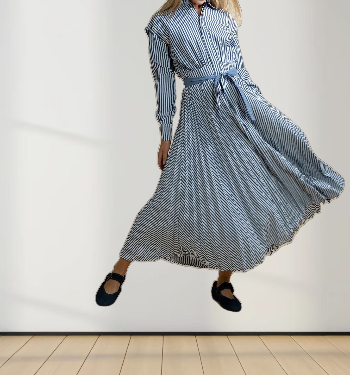 Pleat Bottom Waisted Shirtdress-Navy Pinstripe