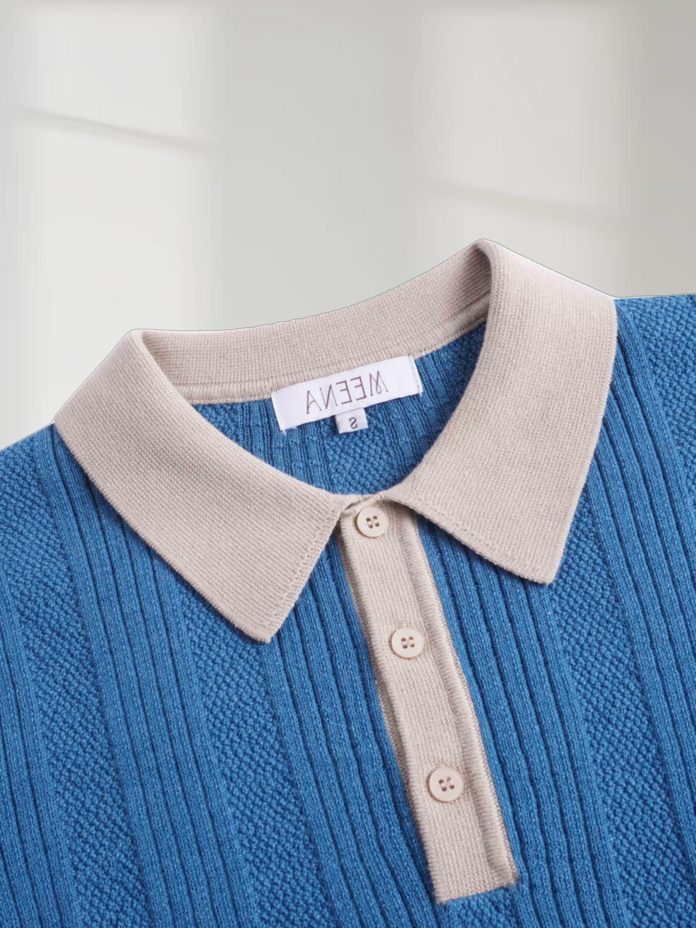 Knit Detail Collar Sweater-Teal/Tan