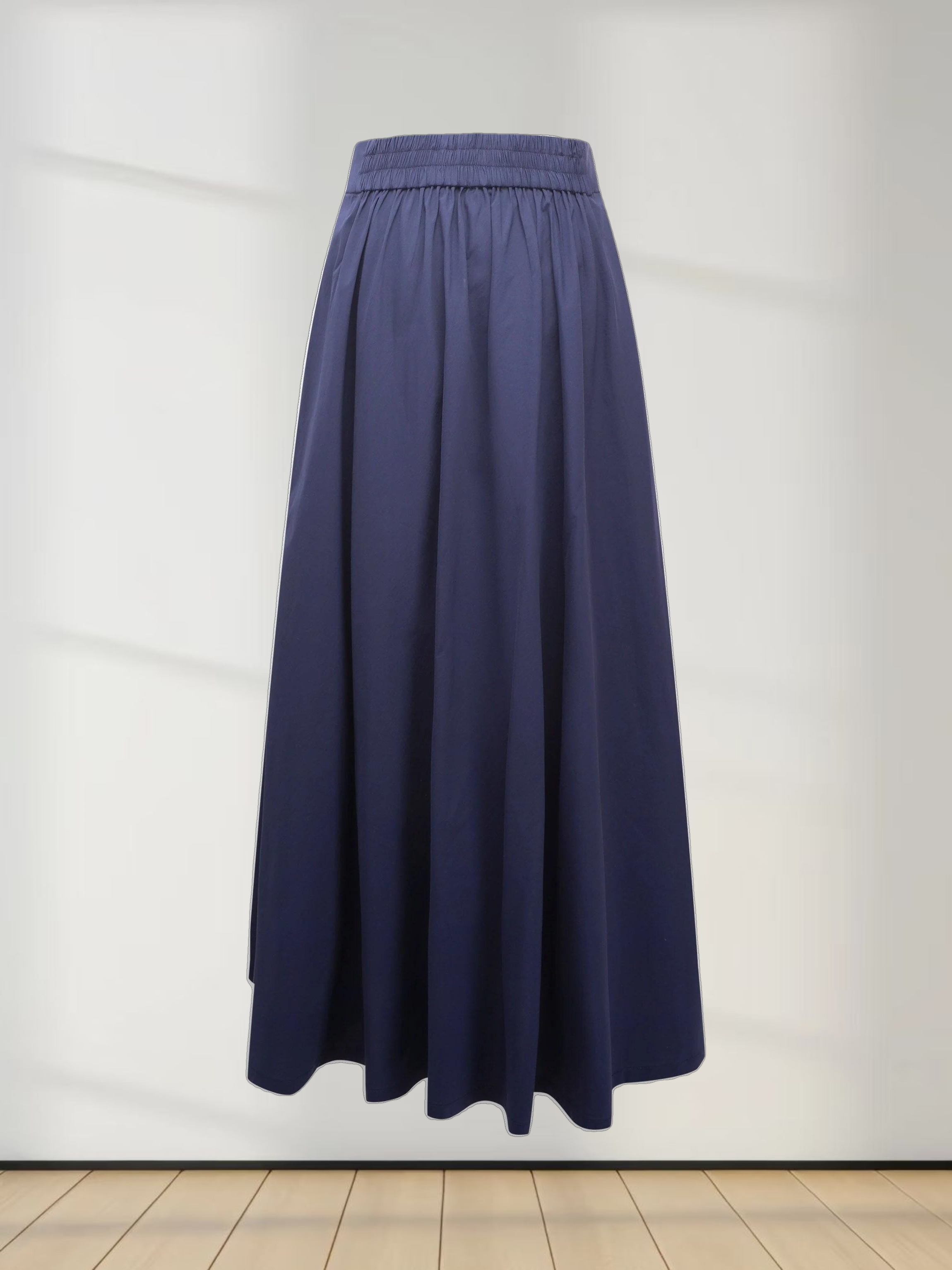 Elastic Back Maxi Cotton Blend Skirt-Navy