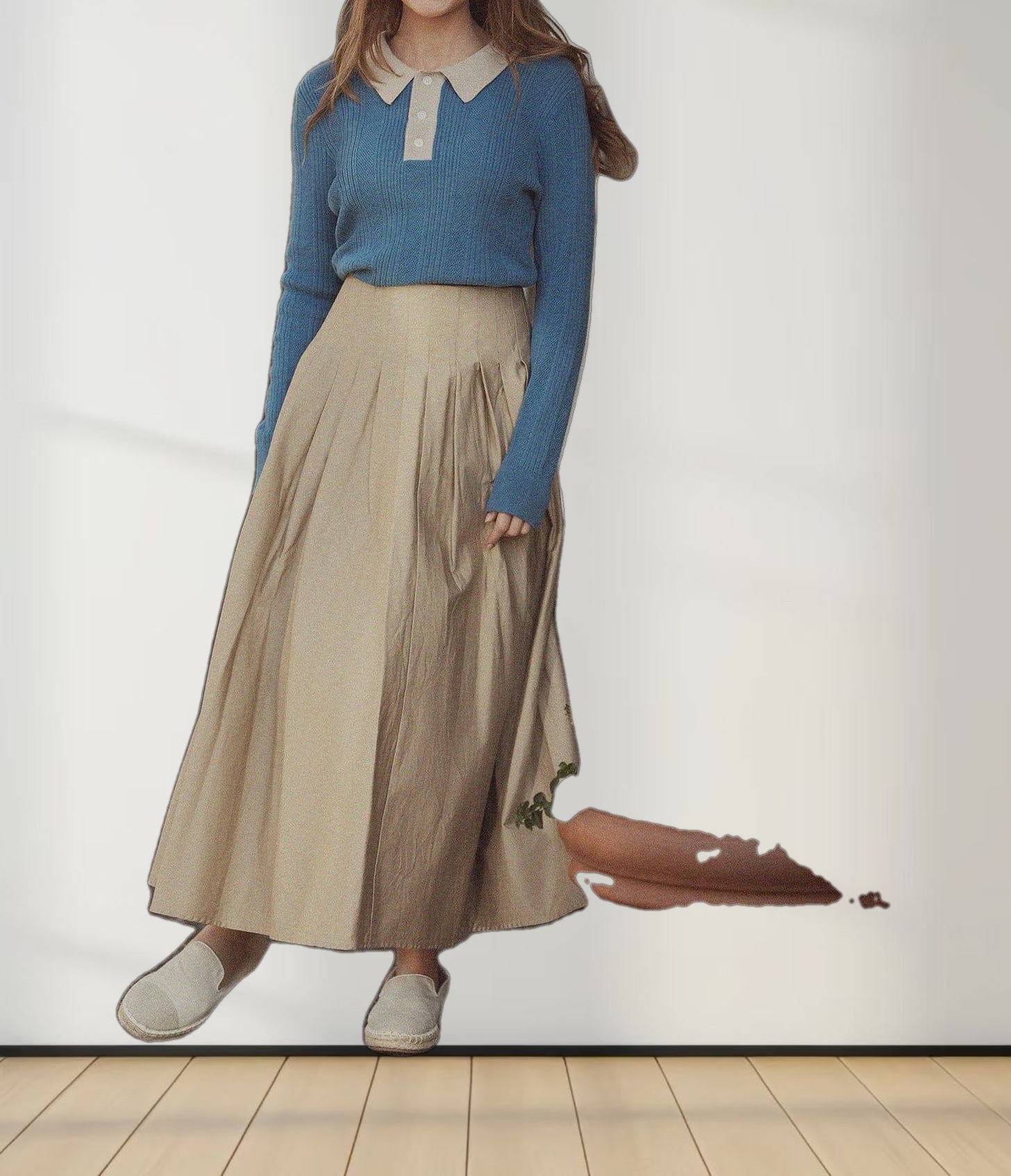 Knit Detail Collar Sweater-Teal/Tan