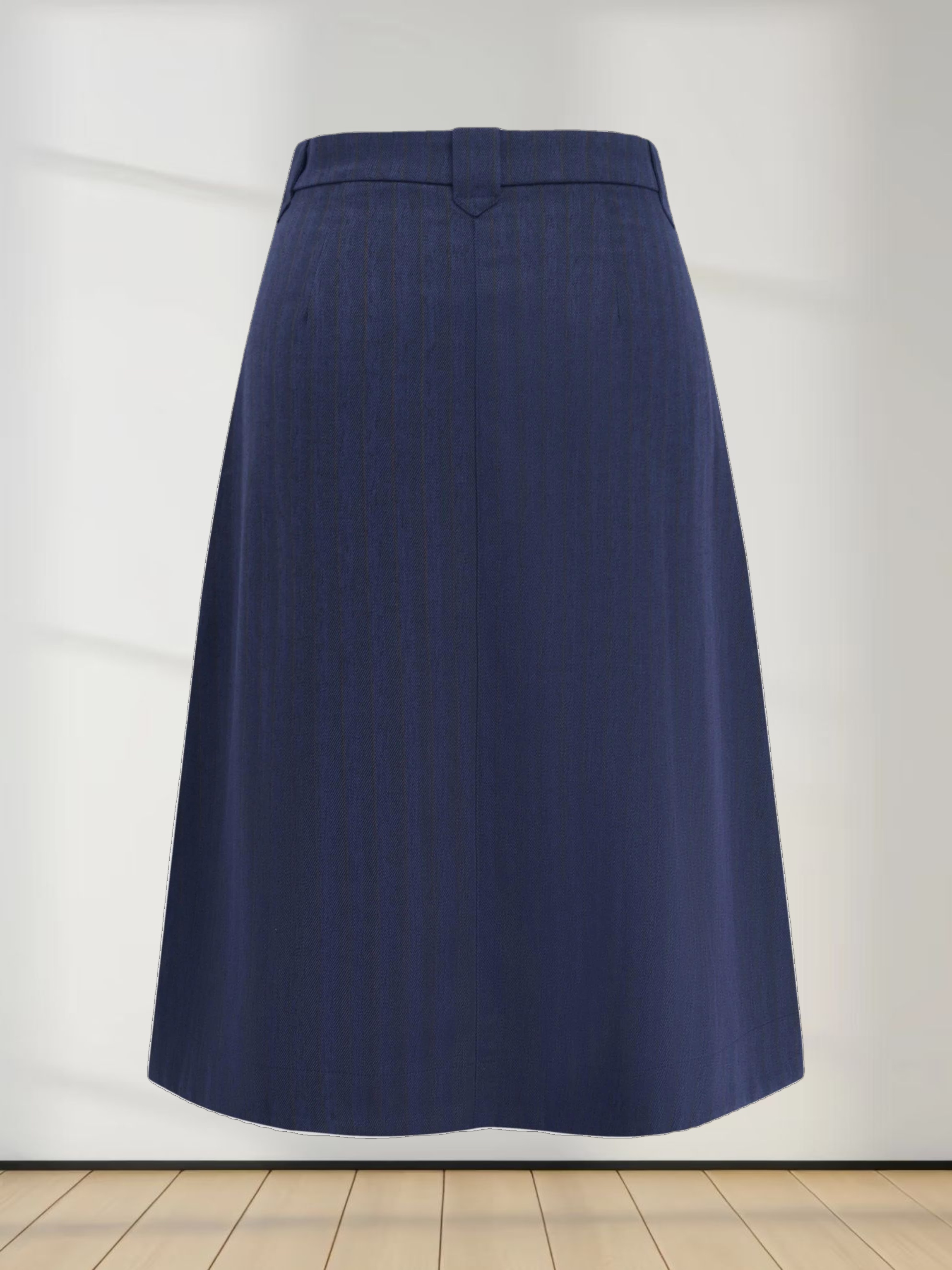 Herringbone Pinstripe Button Down A-Line Skirt-Navy/Brown