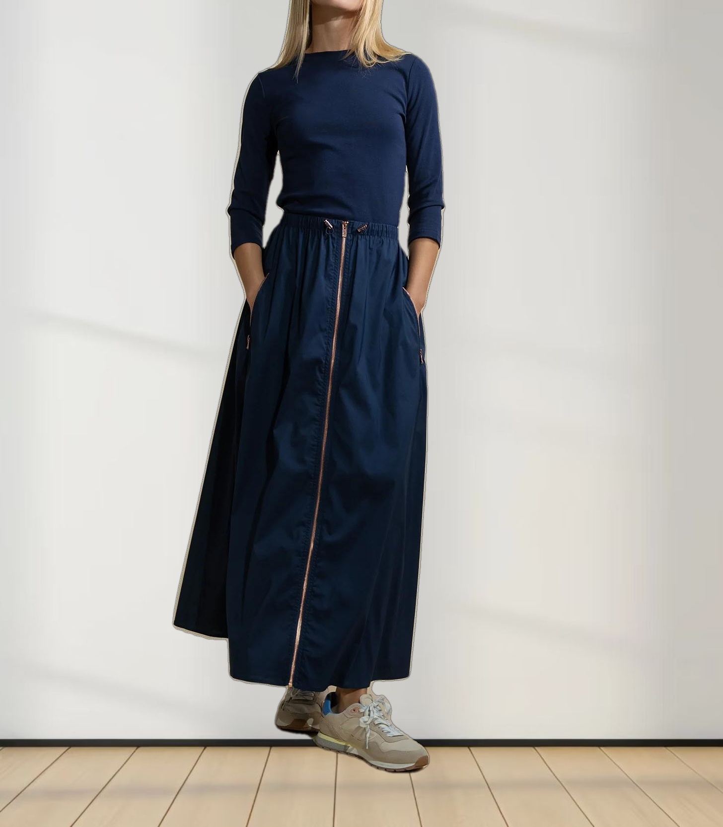 Front Zipper Cotton Circle Skirt-Navy