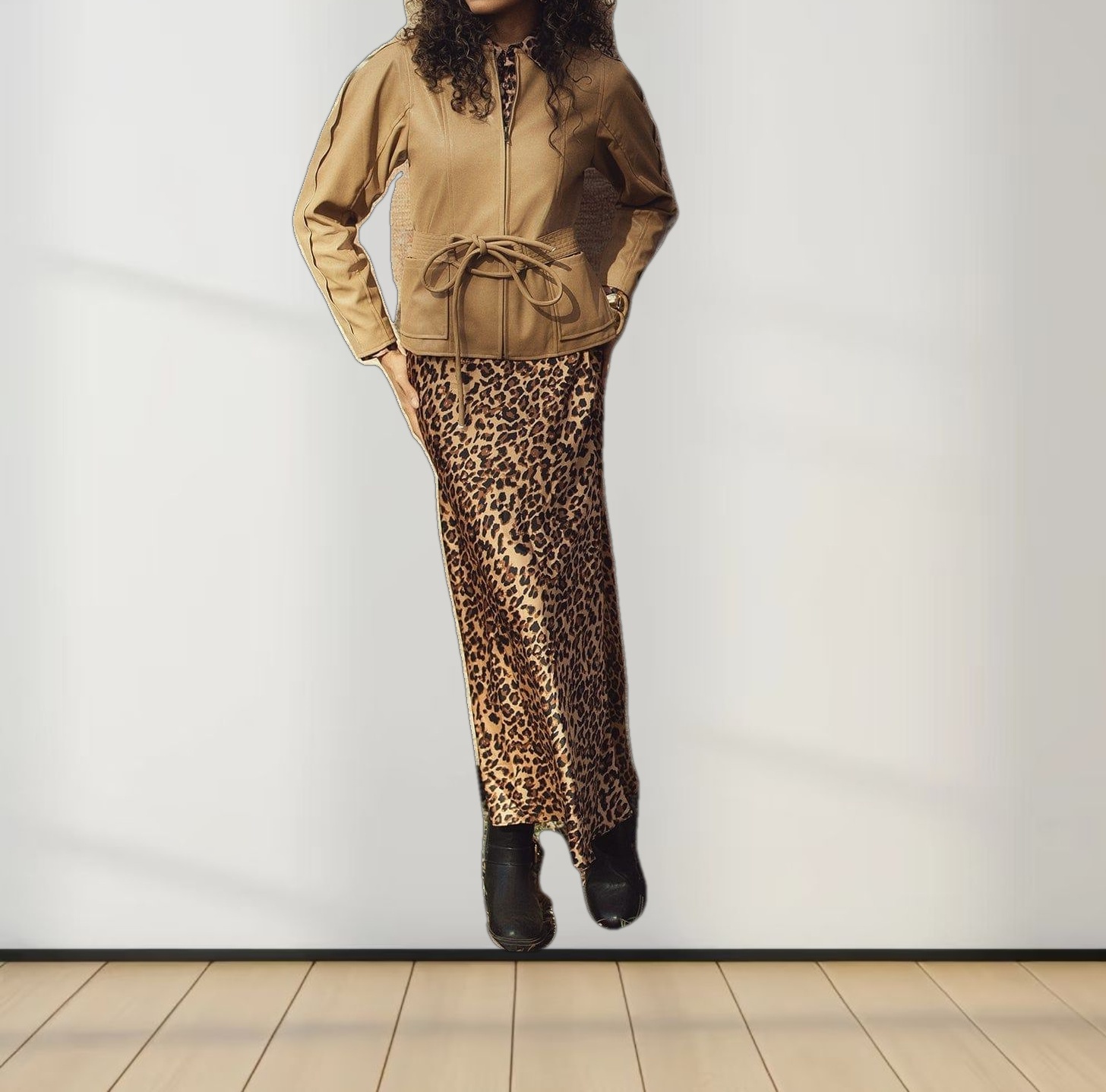 Printed Satin Slip Skirt-Brown Leopard