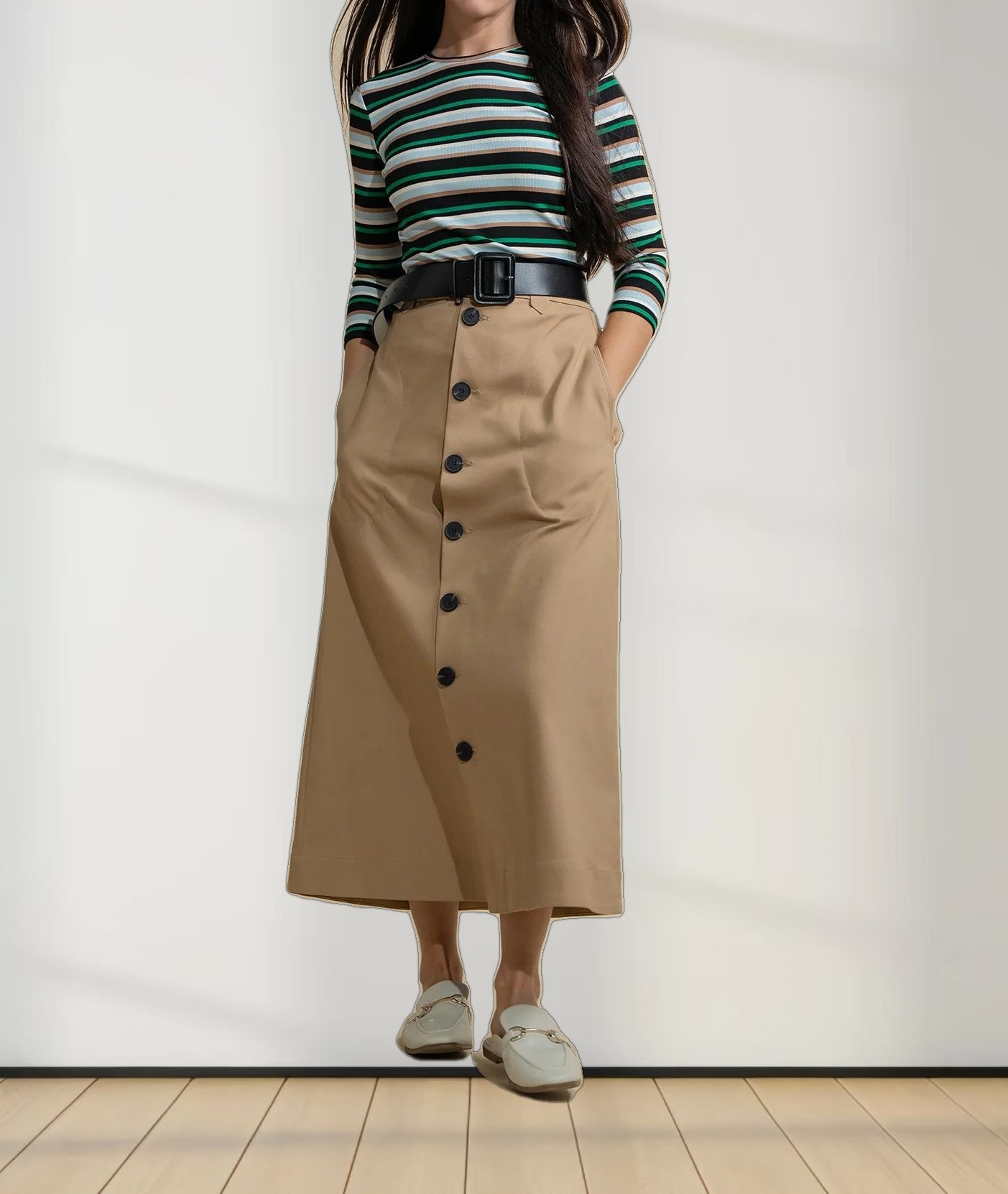 Ribbed Striped Crew 3/4 Sleeve-Green