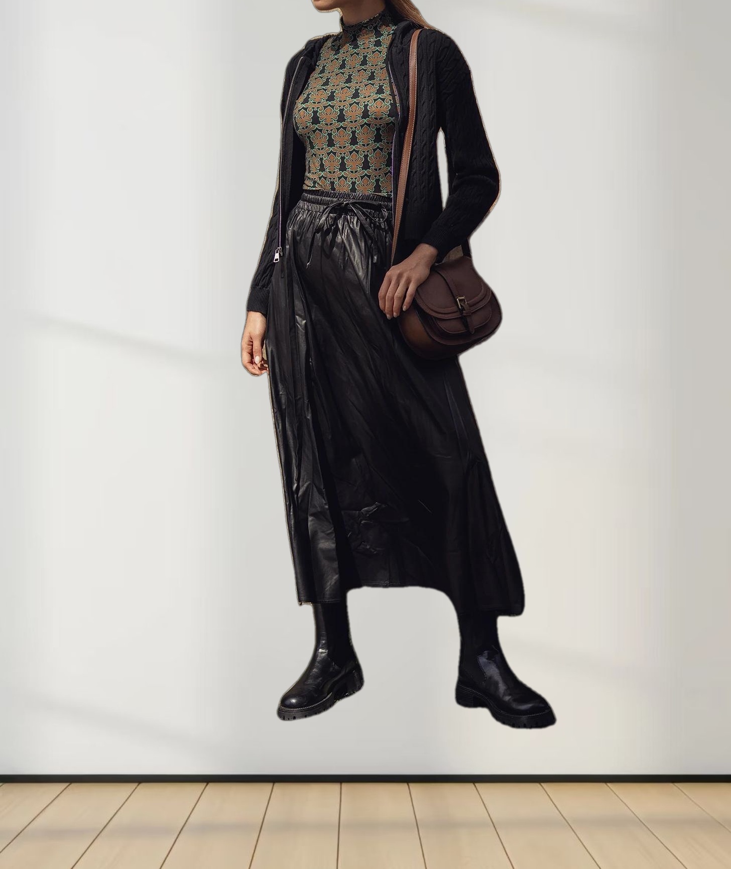 Drawstring Faux Leather Skirt-Black