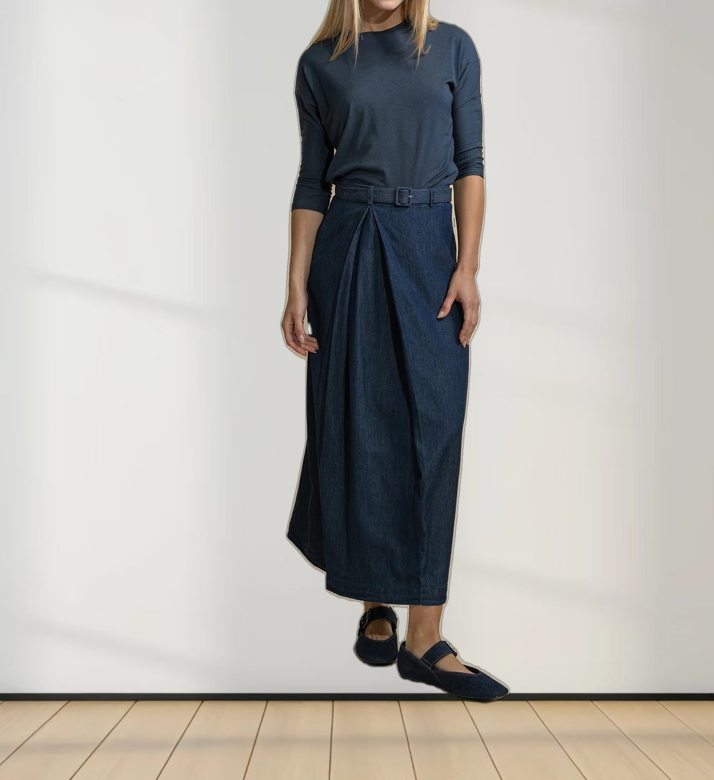 Side Inverted Pleat Denim Skirt-Dark Blue