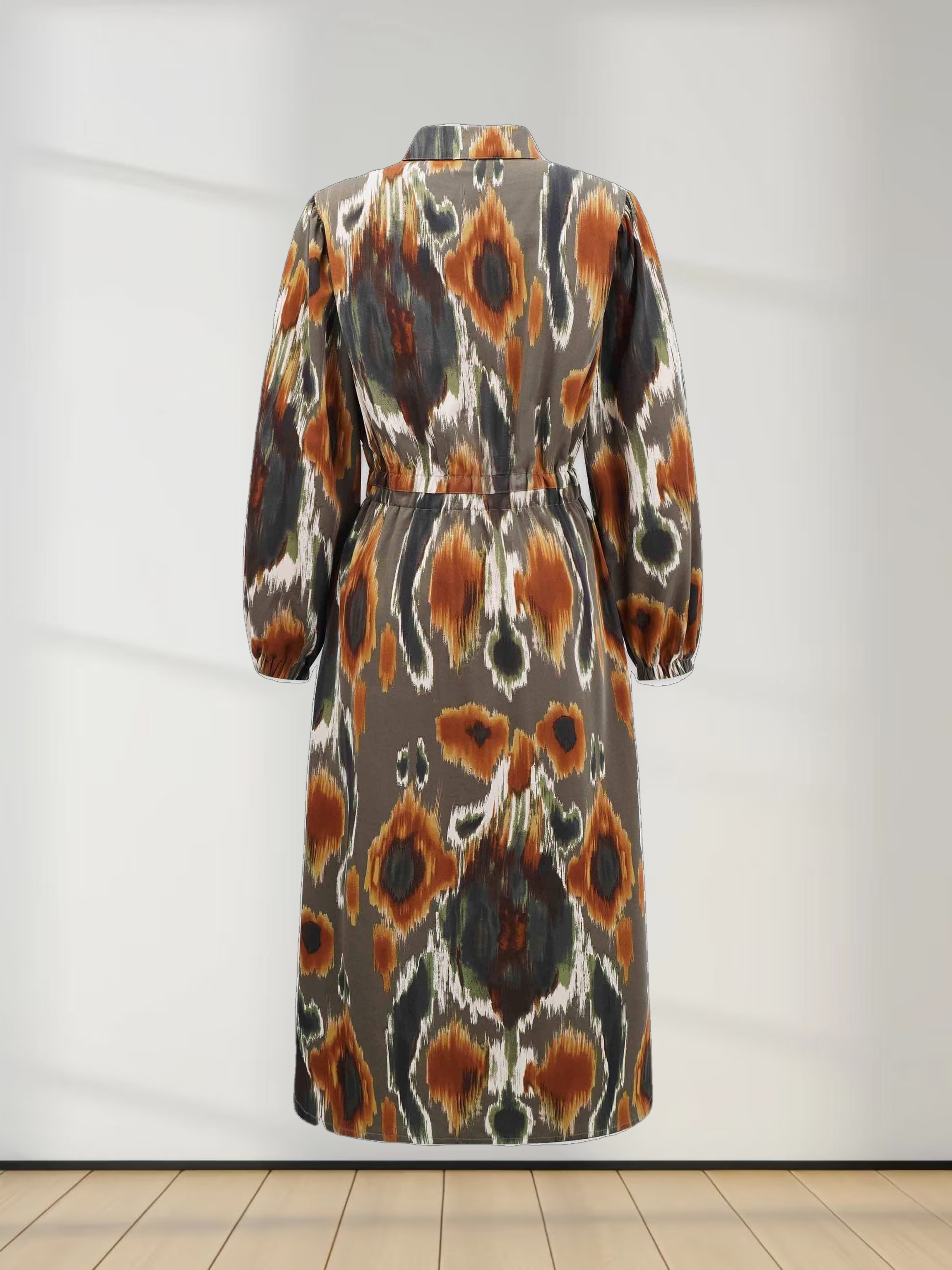 Puff Sleeve Elastic Waist Shirtdress - Olive Ikat