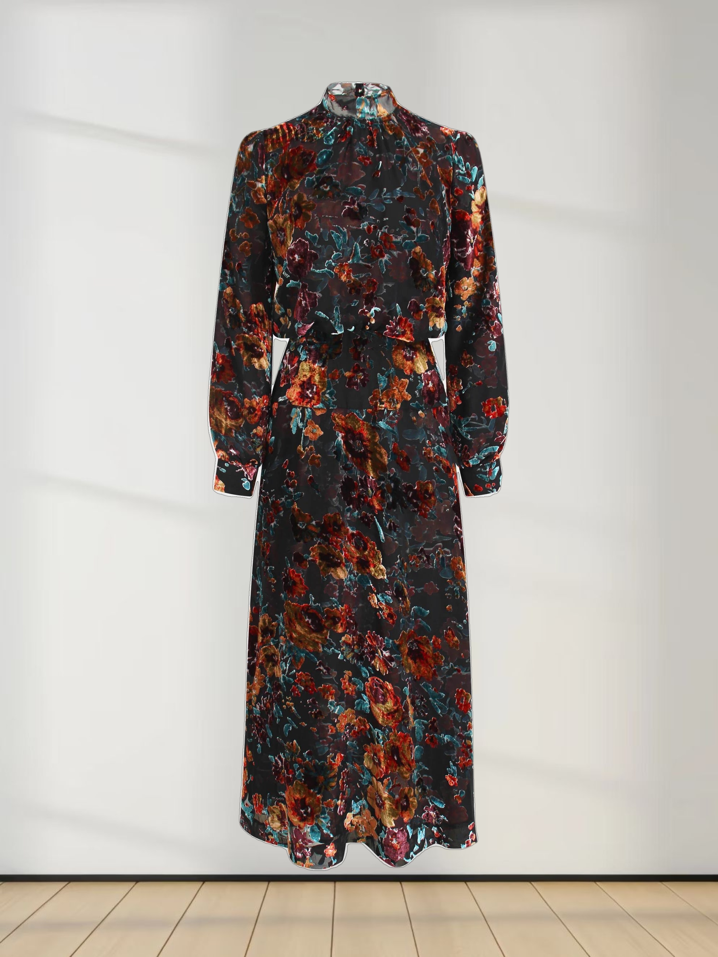 Waisted Yoke Dress-Colored Velvet Floral