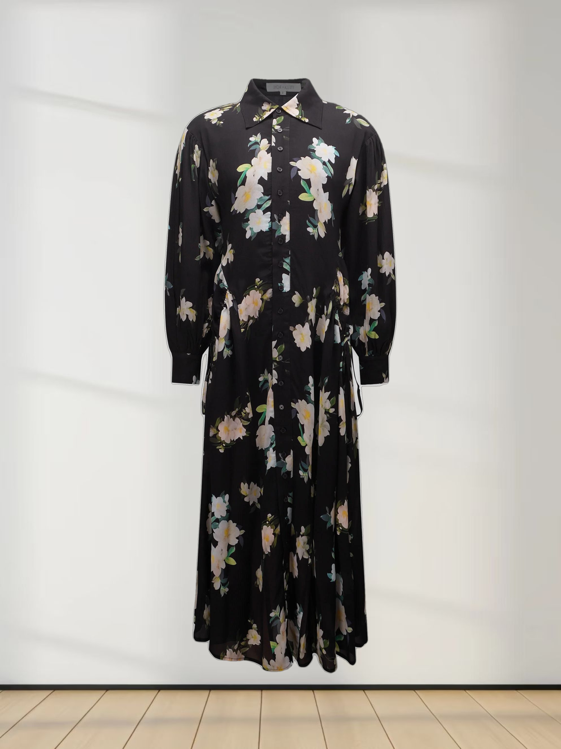 Printed Shirred Pocket Dress-Black and White Floral