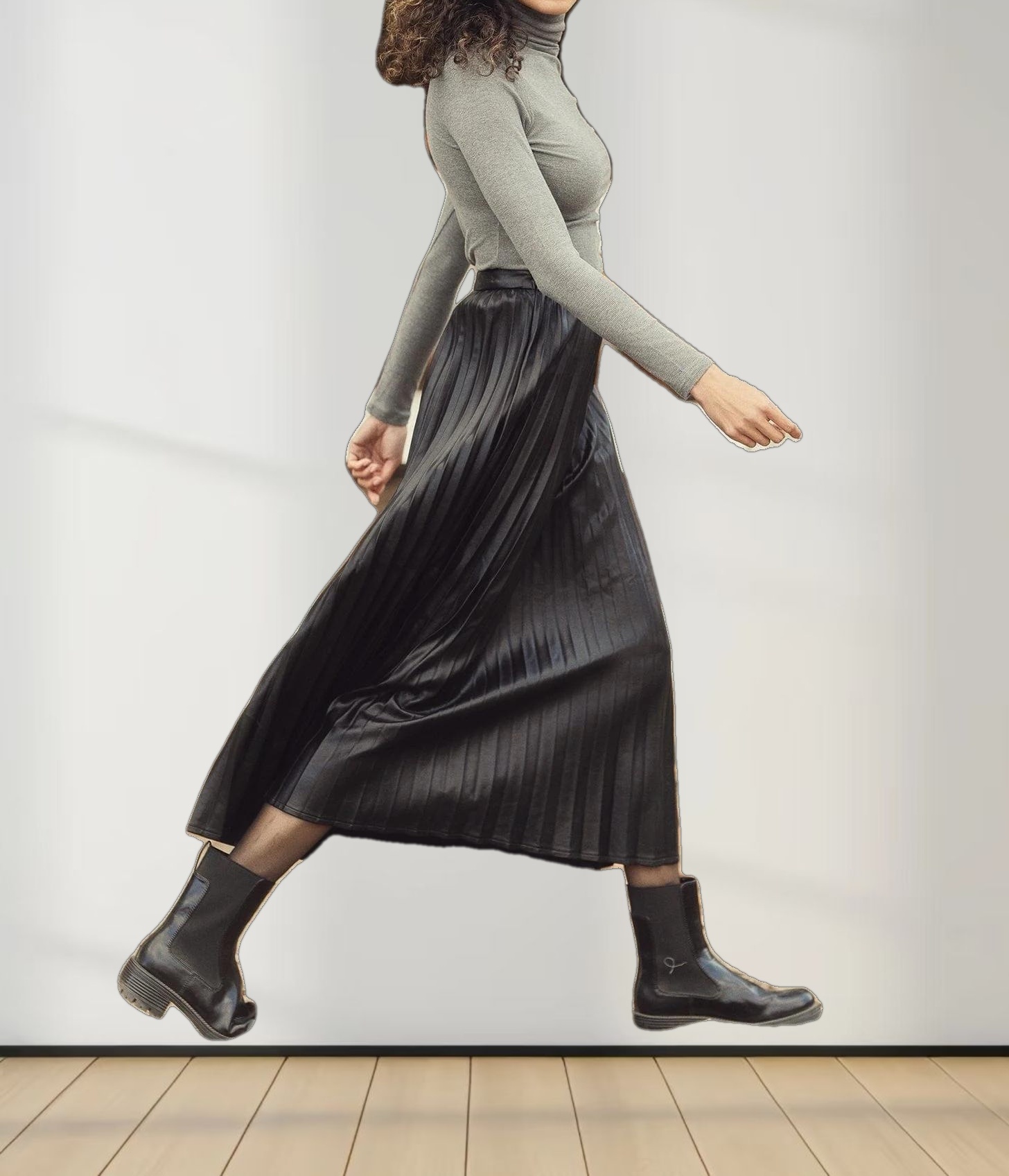 Accordion Pleated Faux Leather Skirt-Black