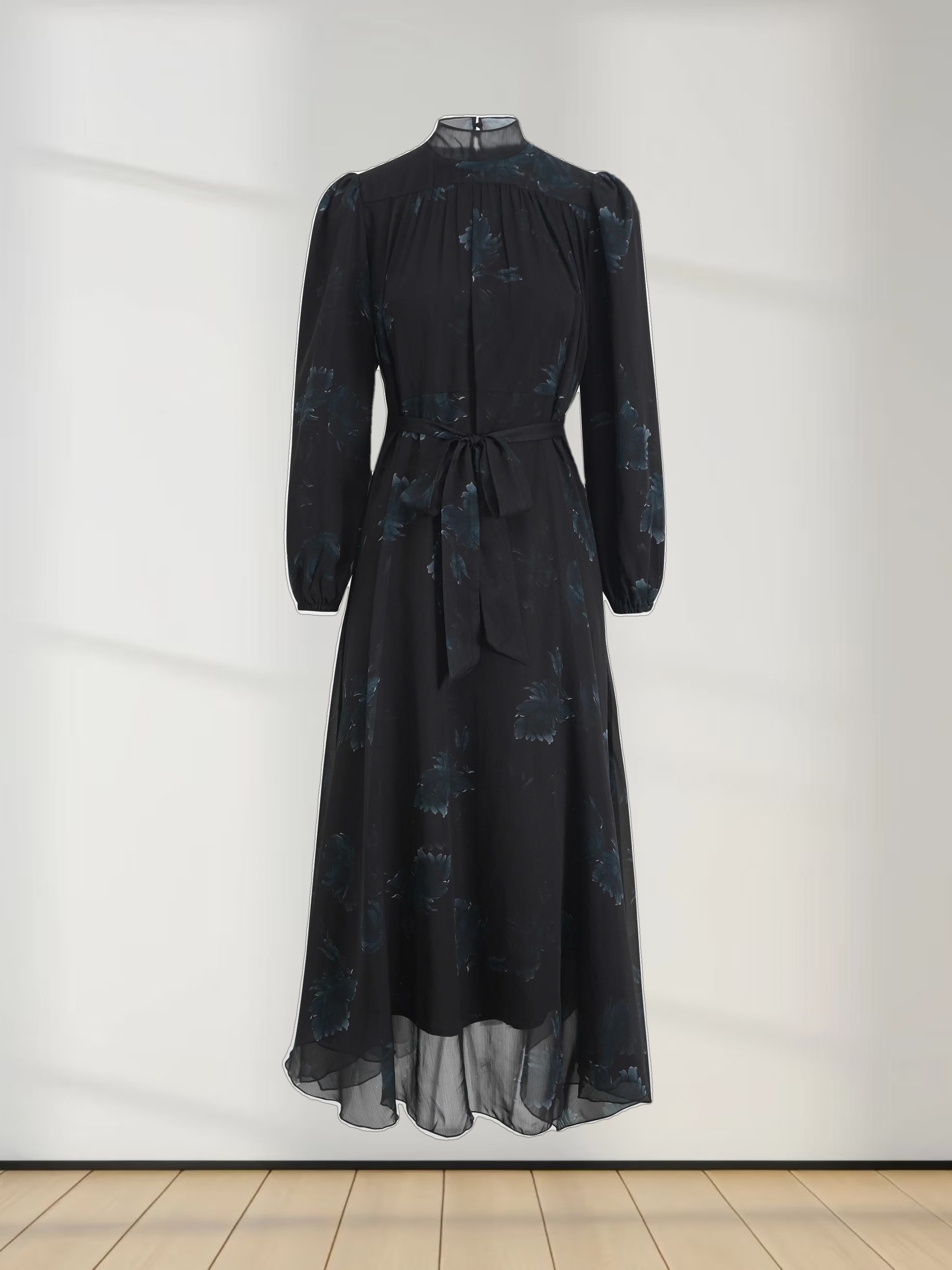 Asymmetrical Bottom Belted Dress-Green Floral