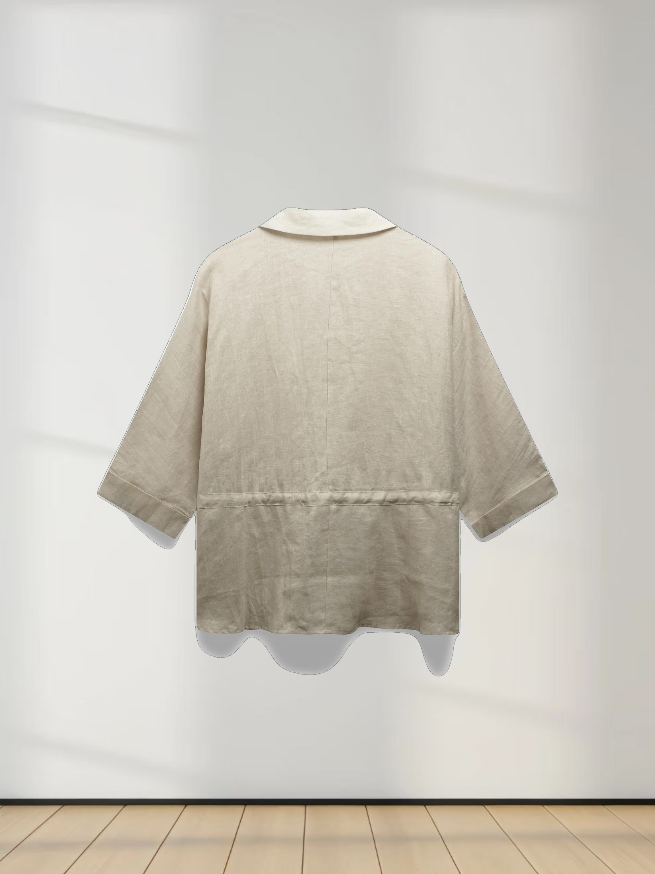 Drawstring Button Down Linen Top-Ecru
