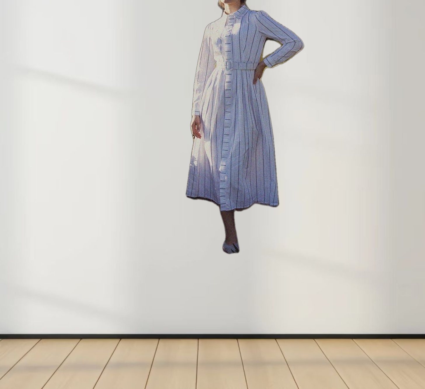 Jeweled Collar Belted Shirtdress-White Pinstripe